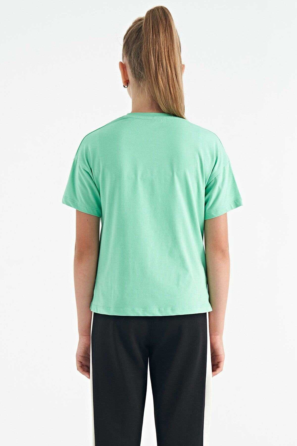 O Collar Print Low Shoulder Oversize Girls' T-Shirt - 75115