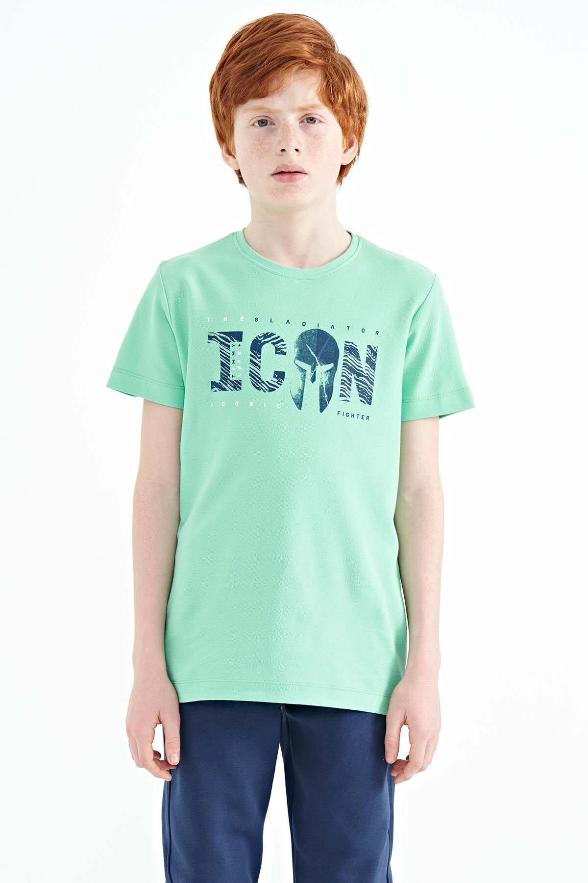 Front Print Embroidered O Collar Standard Fit Boys' T-Shirt - 11118