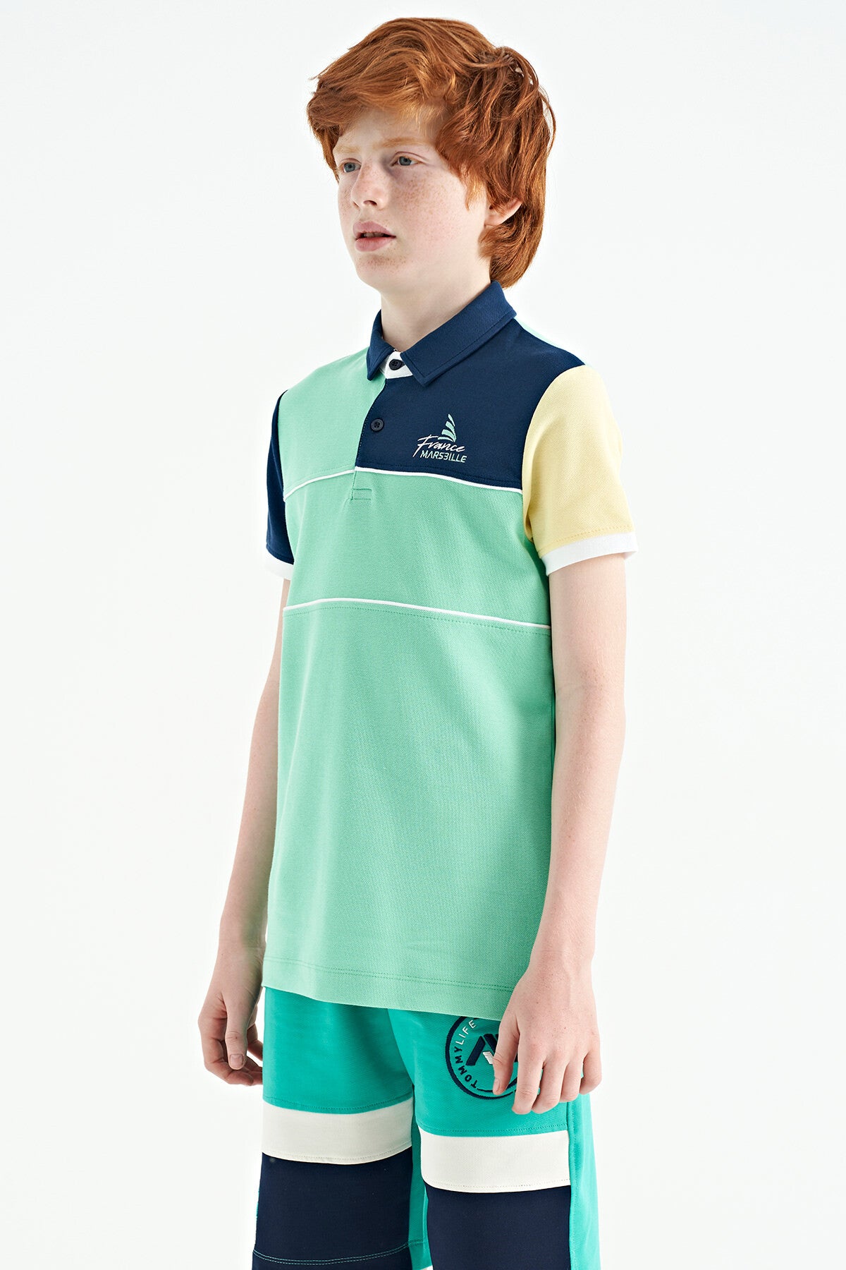 Block Embroidered Letter Detailed Standard Pattern Polo Collar Boys T-Shirt - 11109