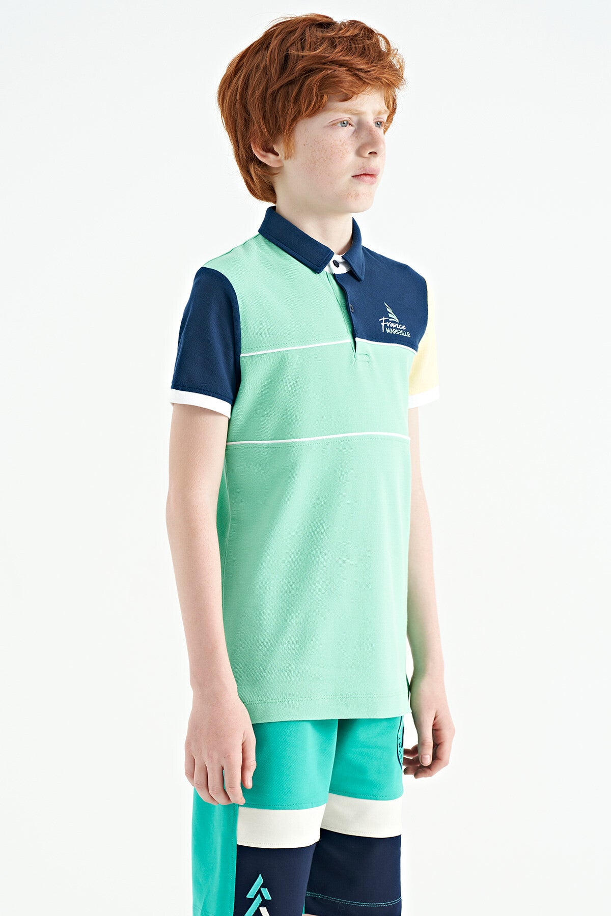 Block Embroidered Letter Detailed Standard Pattern Polo Collar Boys T-Shirt - 11109