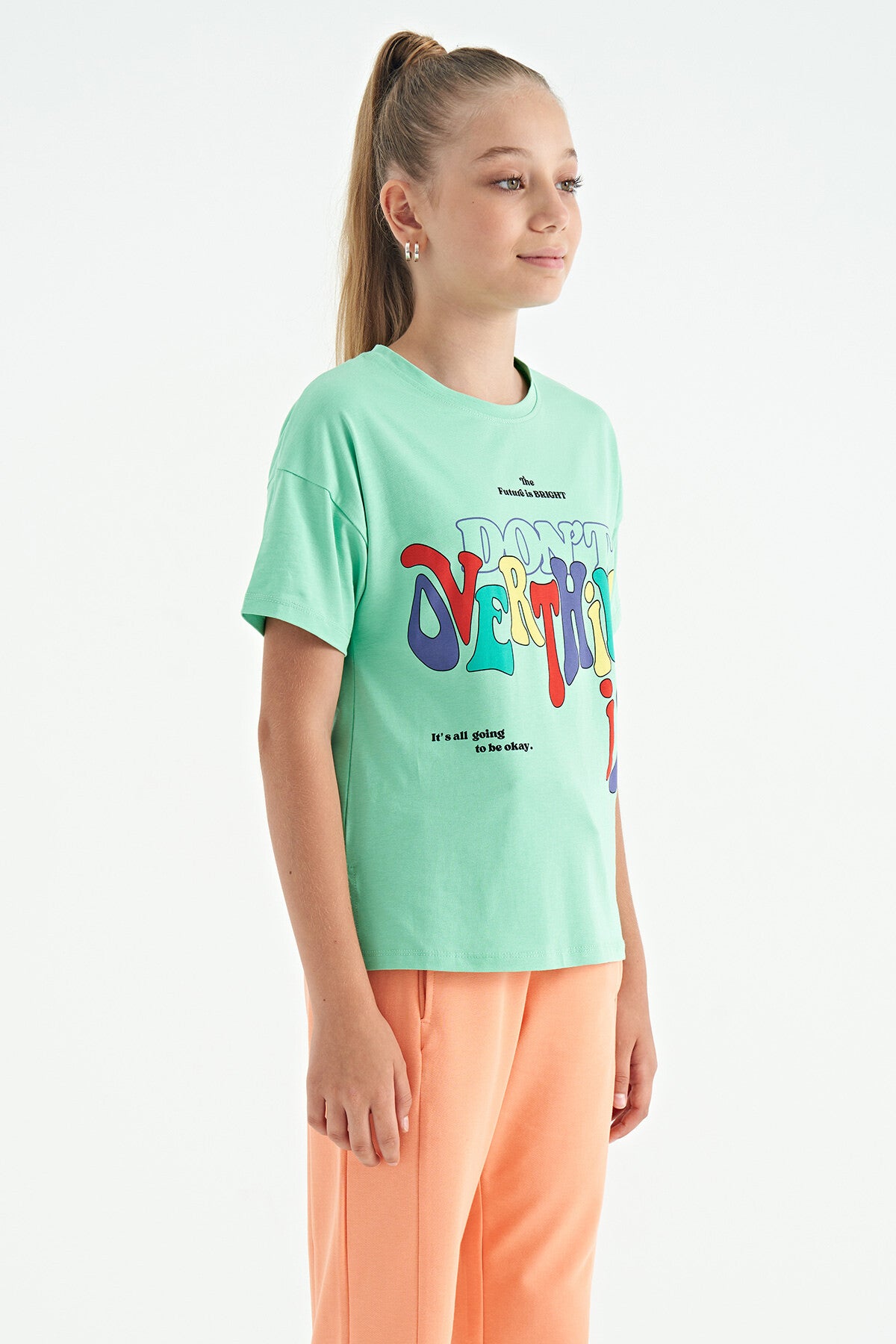 Printed O Collar Oversize Short Sleeve Girls T-Shirt - 75112