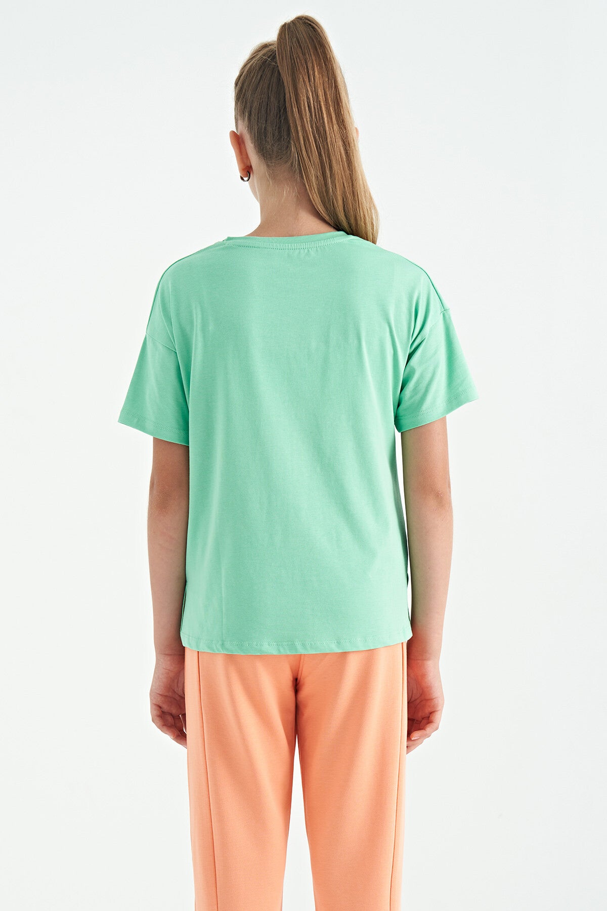 Printed O Collar Oversize Short Sleeve Girls T-Shirt - 75112
