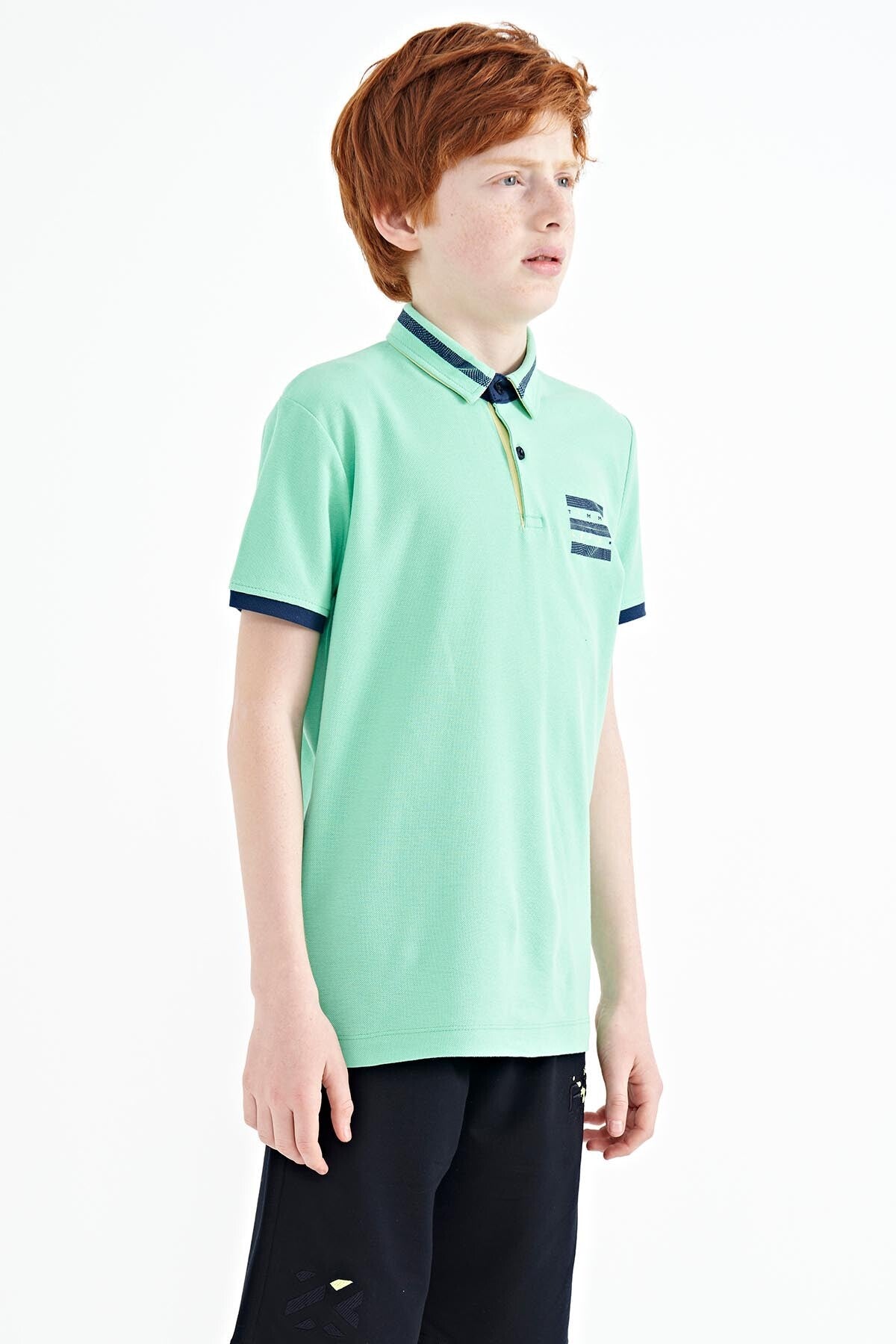Olive Green Collar Color Block Print Detailed Standard Fit Boys' T-Shirt - 11111