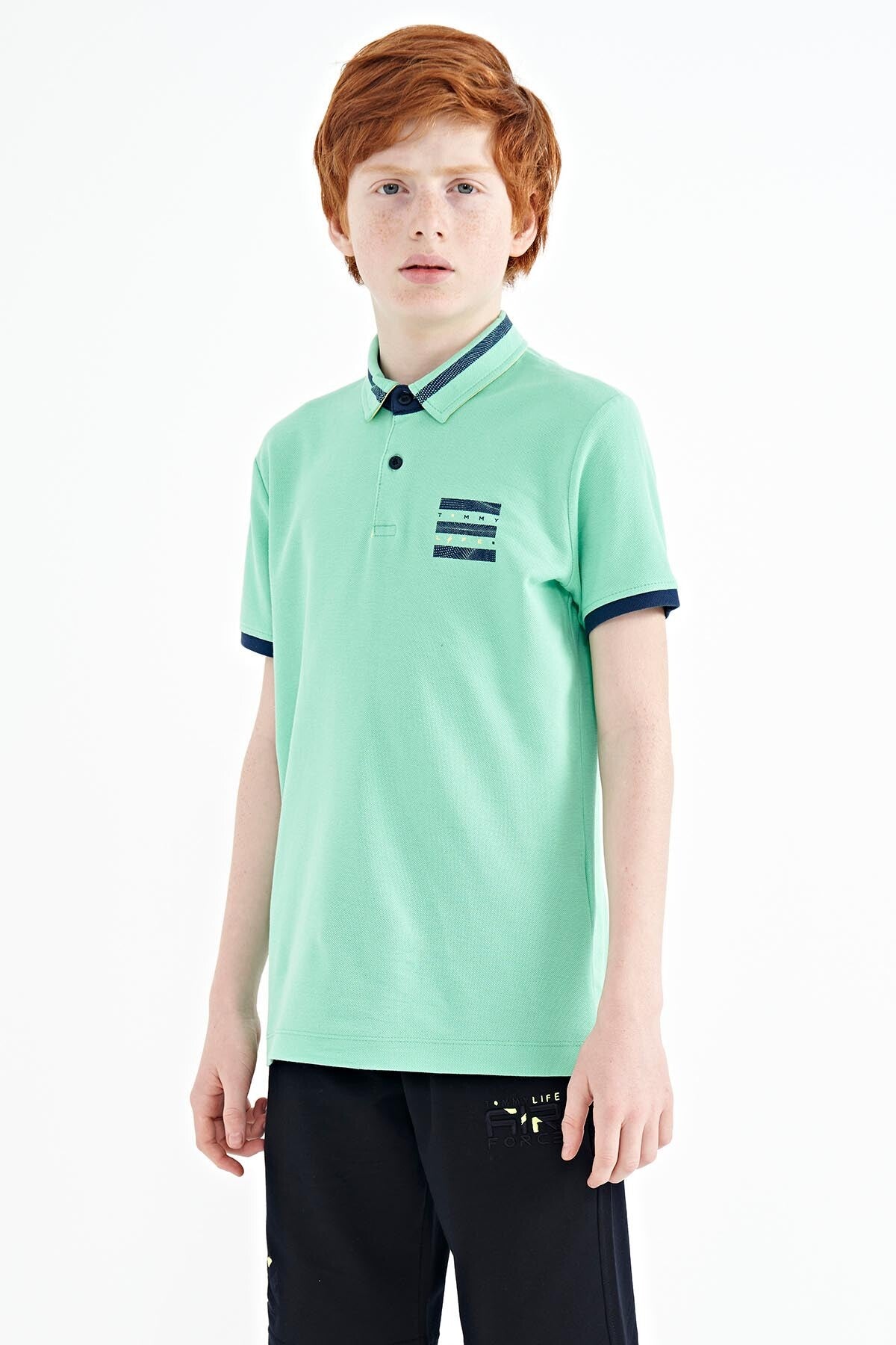Olive Green Collar Color Block Print Detailed Standard Fit Boys' T-Shirt - 11111