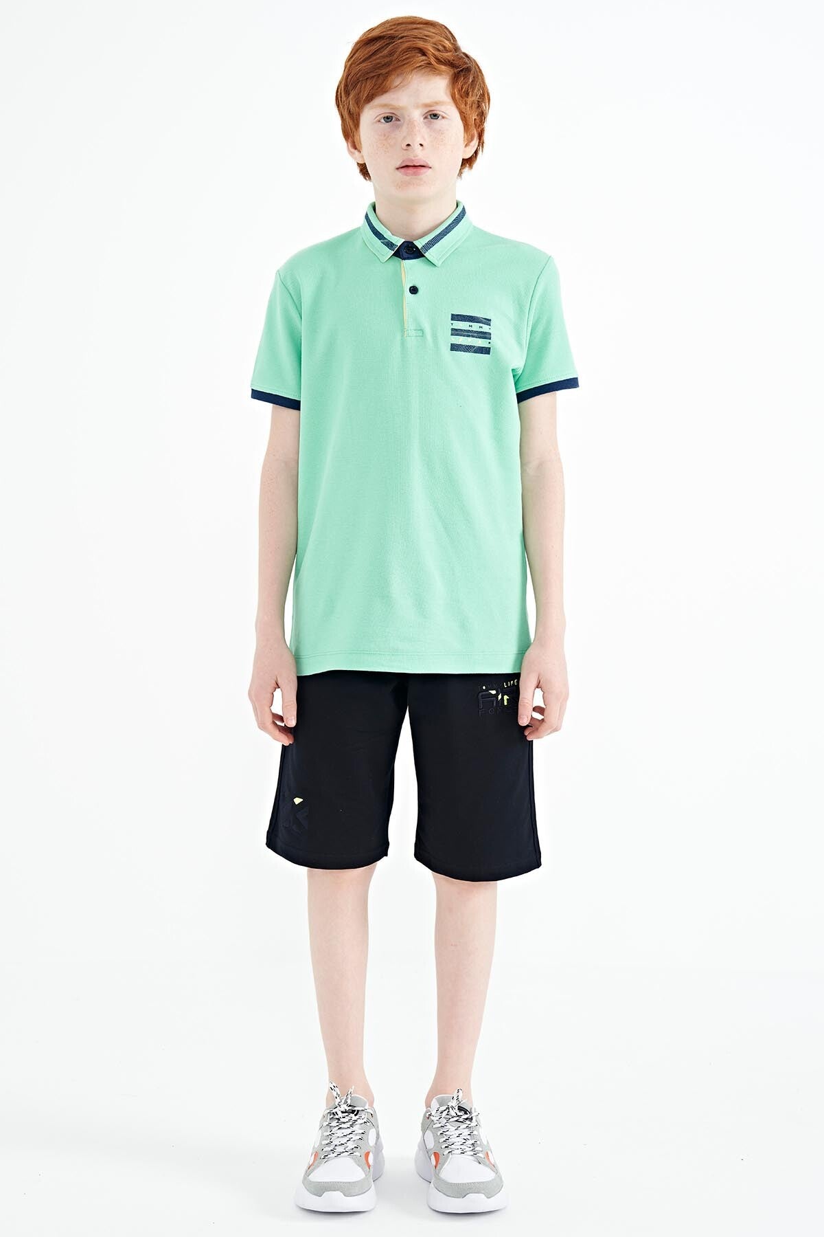 Olive Green Collar Color Block Print Detailed Standard Fit Boys' T-Shirt - 11111