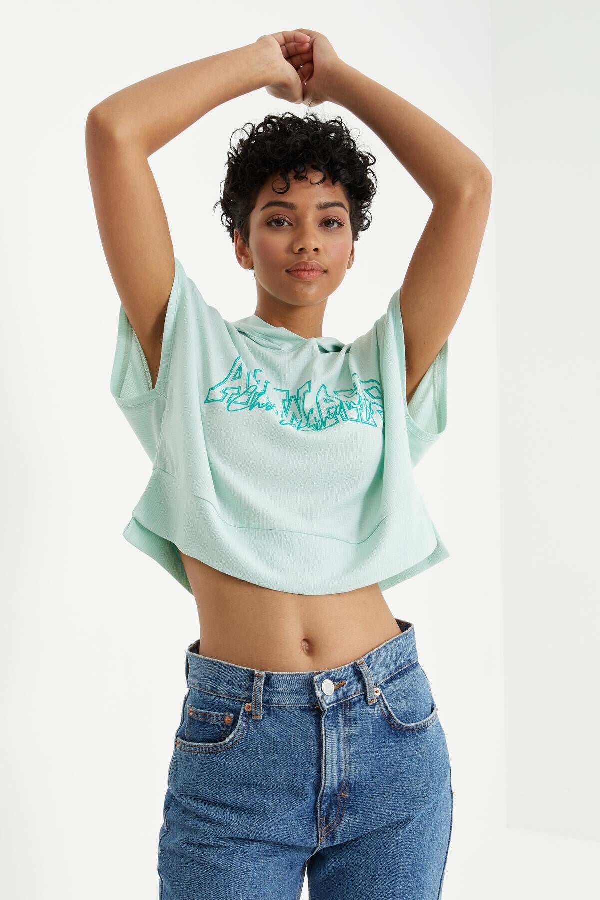 Olive Green Printed Oversize Hooded Crinkled Fabric Women's Crop Top T-Shirt - 97229