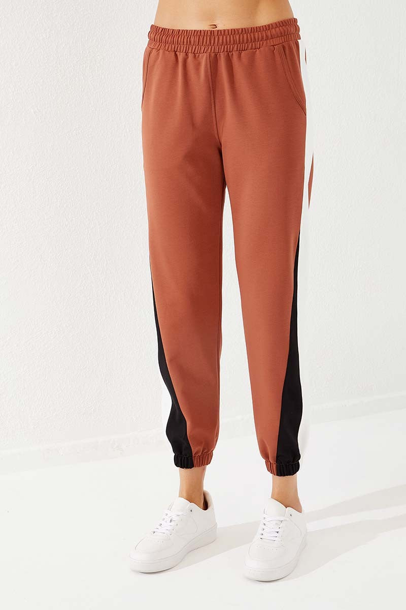 Cinnamon Two-Tone Striped Comfort Fit Elastic Cuff Women's Tracksuit Bottom - 94582