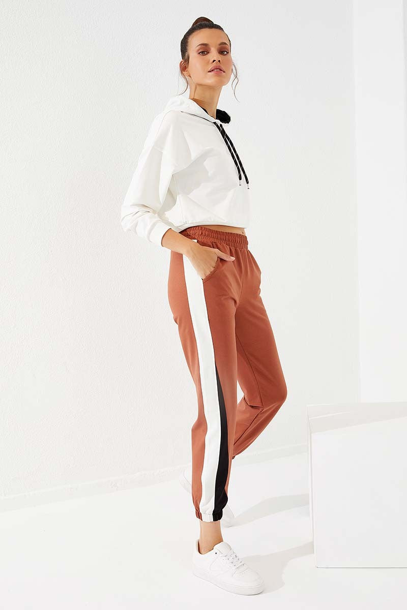 Cinnamon Two-Tone Striped Comfort Fit Elastic Cuff Women's Tracksuit Bottom - 94582