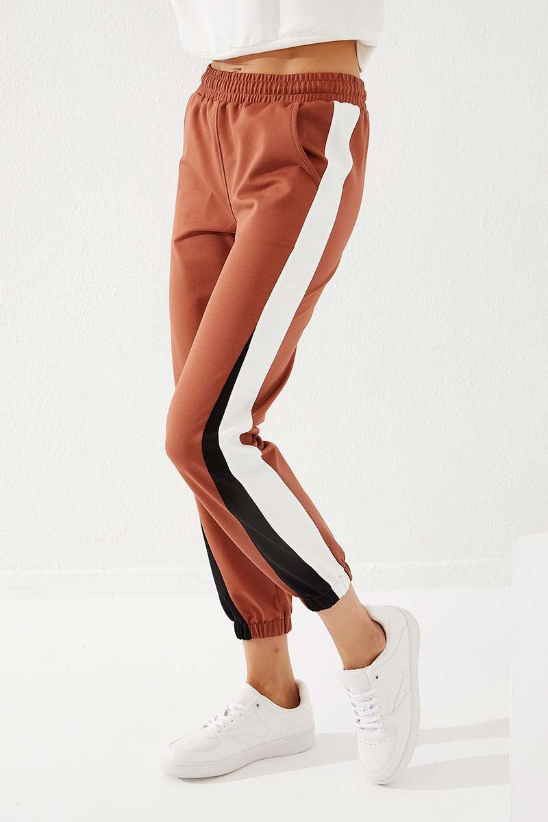 Cinnamon Two-Tone Striped Comfort Fit Elastic Cuff Women's Tracksuit Bottom - 94582