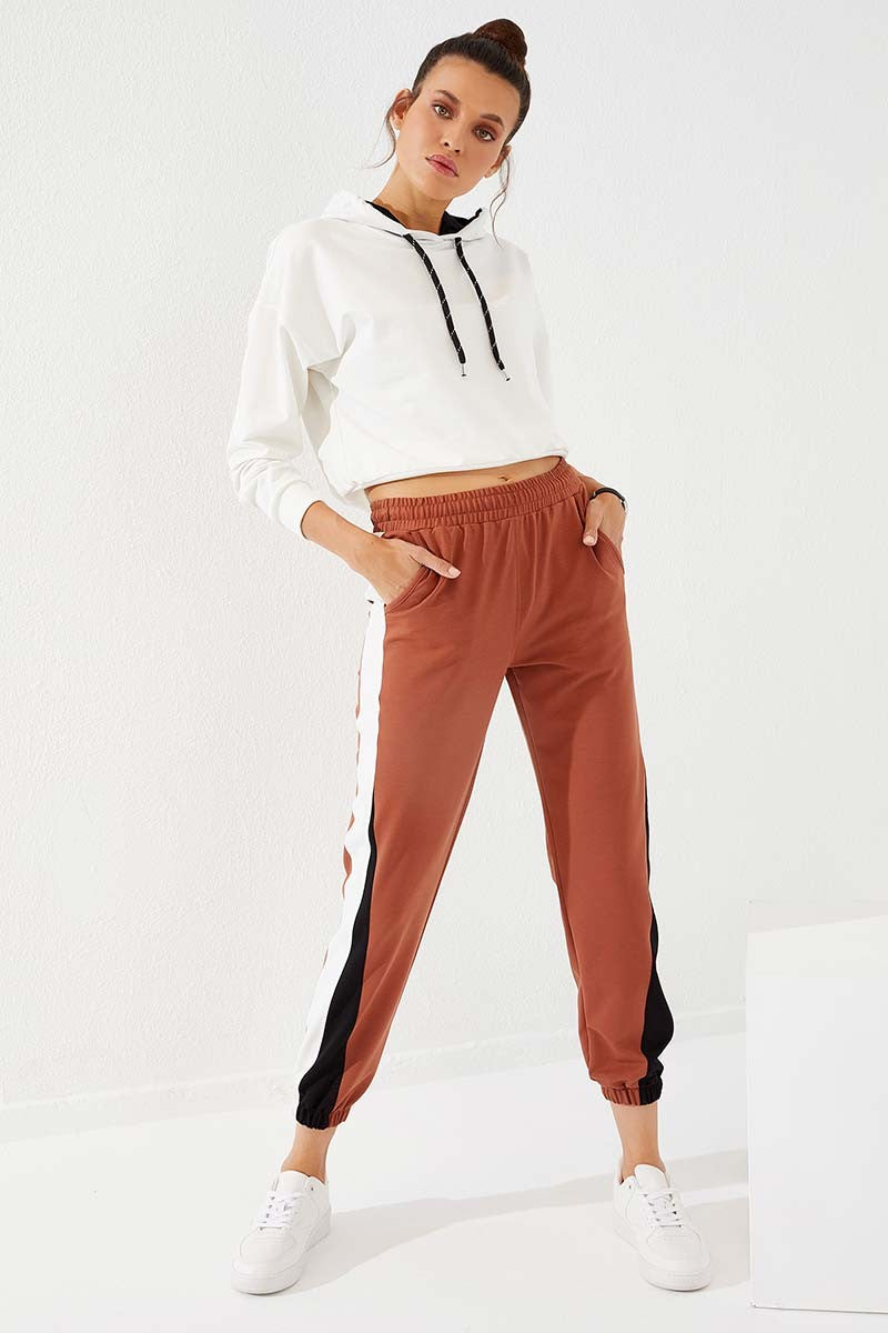 Cinnamon Two-Tone Striped Comfort Fit Elastic Cuff Women's Tracksuit Bottom - 94582