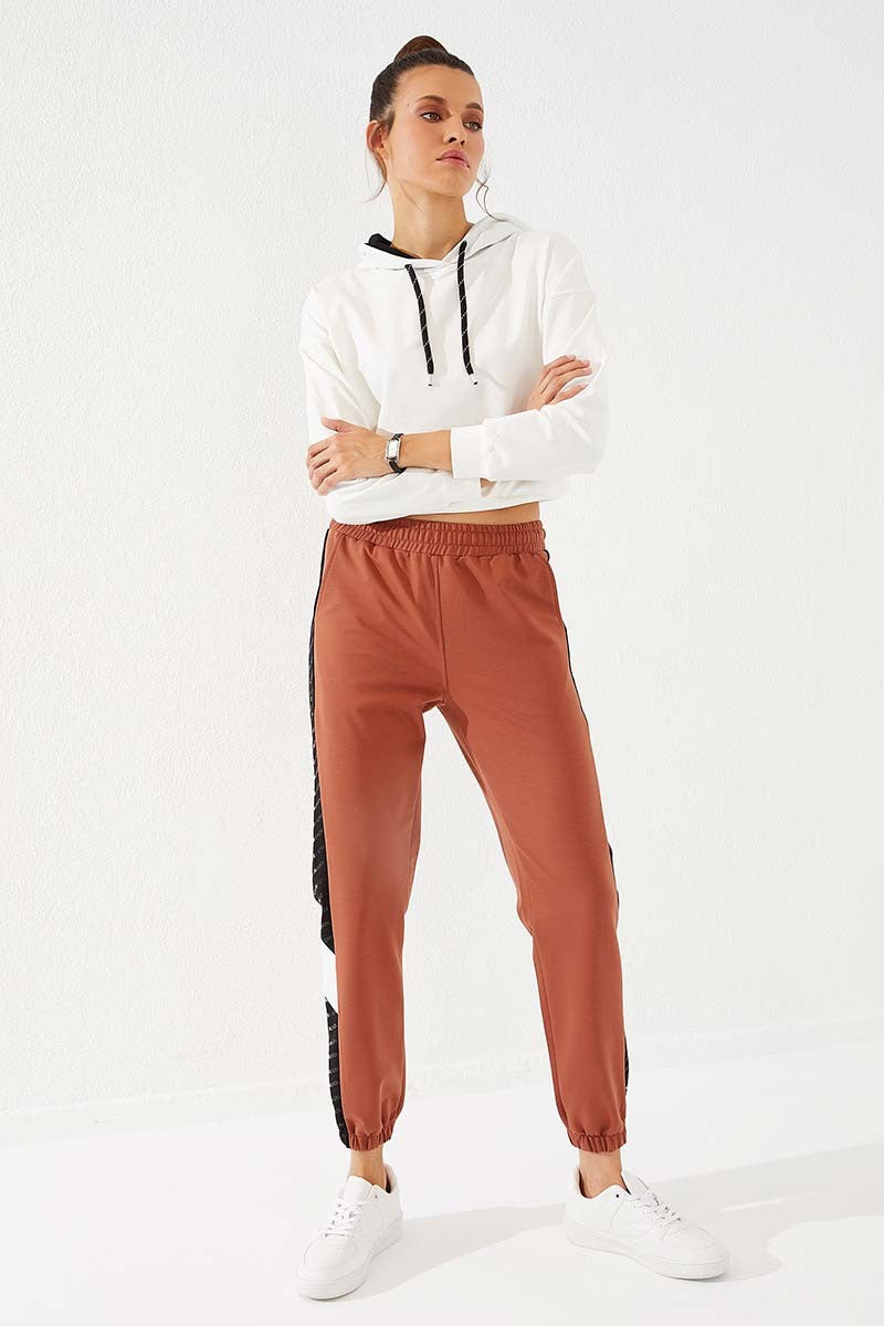Cinnamon Dotted Striped Detailed Jogger Comfort Fit Elastic Cuff Women's Tracksuit Bottom - 94579