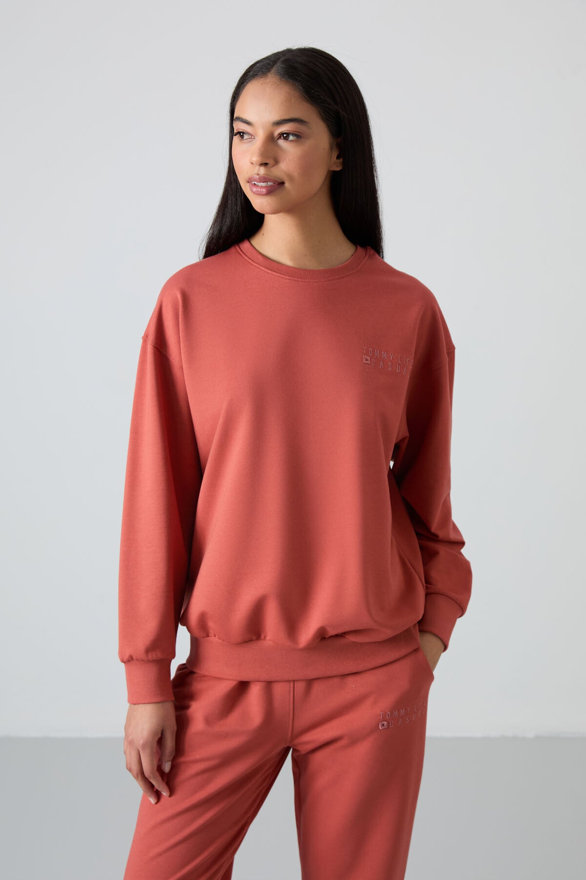 Cinnamon Basic Cotton O Neck Oversize Elastic Cuffed Women's Tracksuit Set - 95287