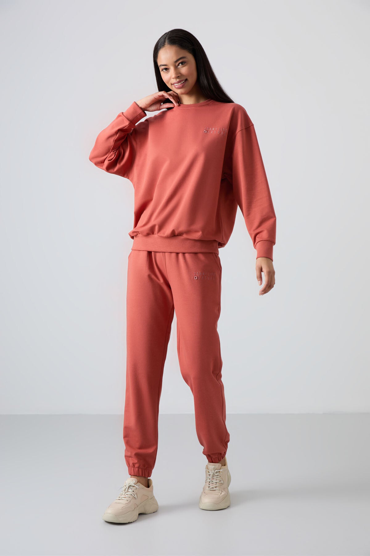 Cinnamon Basic Cotton O Neck Oversize Elastic Cuffed Women's Tracksuit Set - 95287