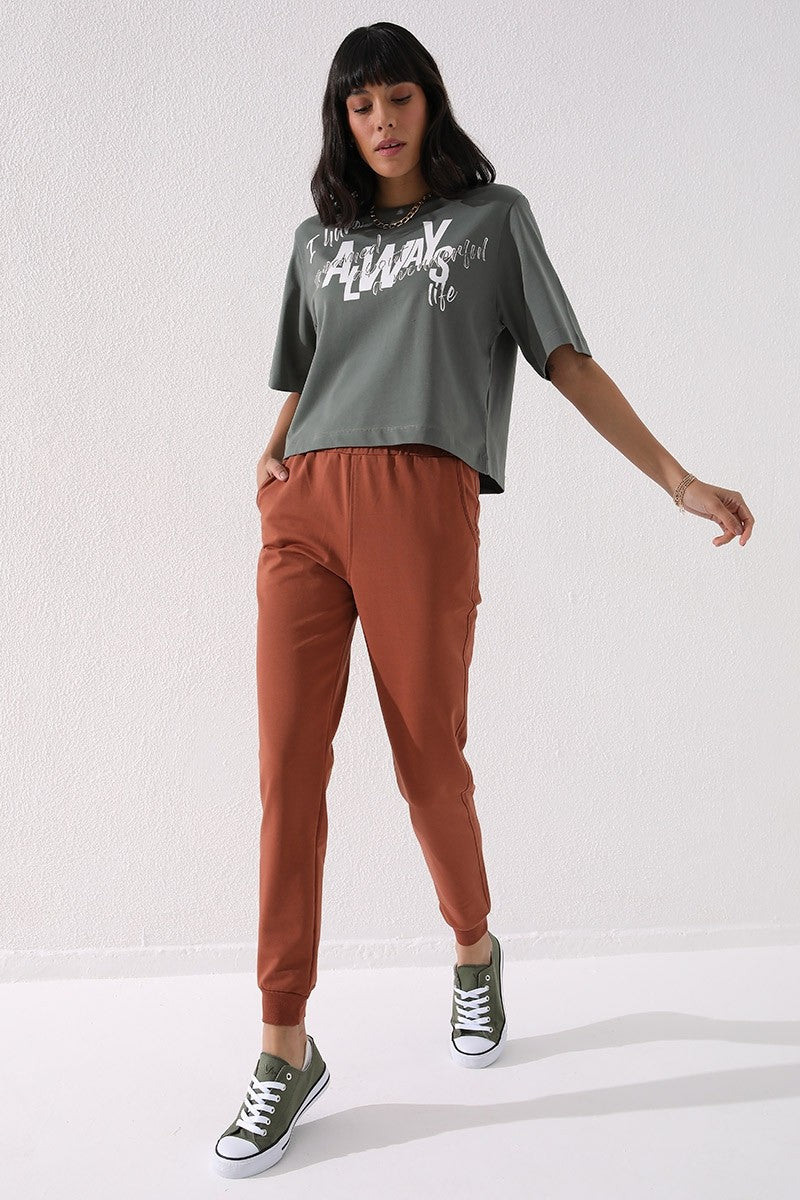 Cinnamon High Waist Jogger Comfort Fit Cuffed Women's Tracksuit Bottom - 94561