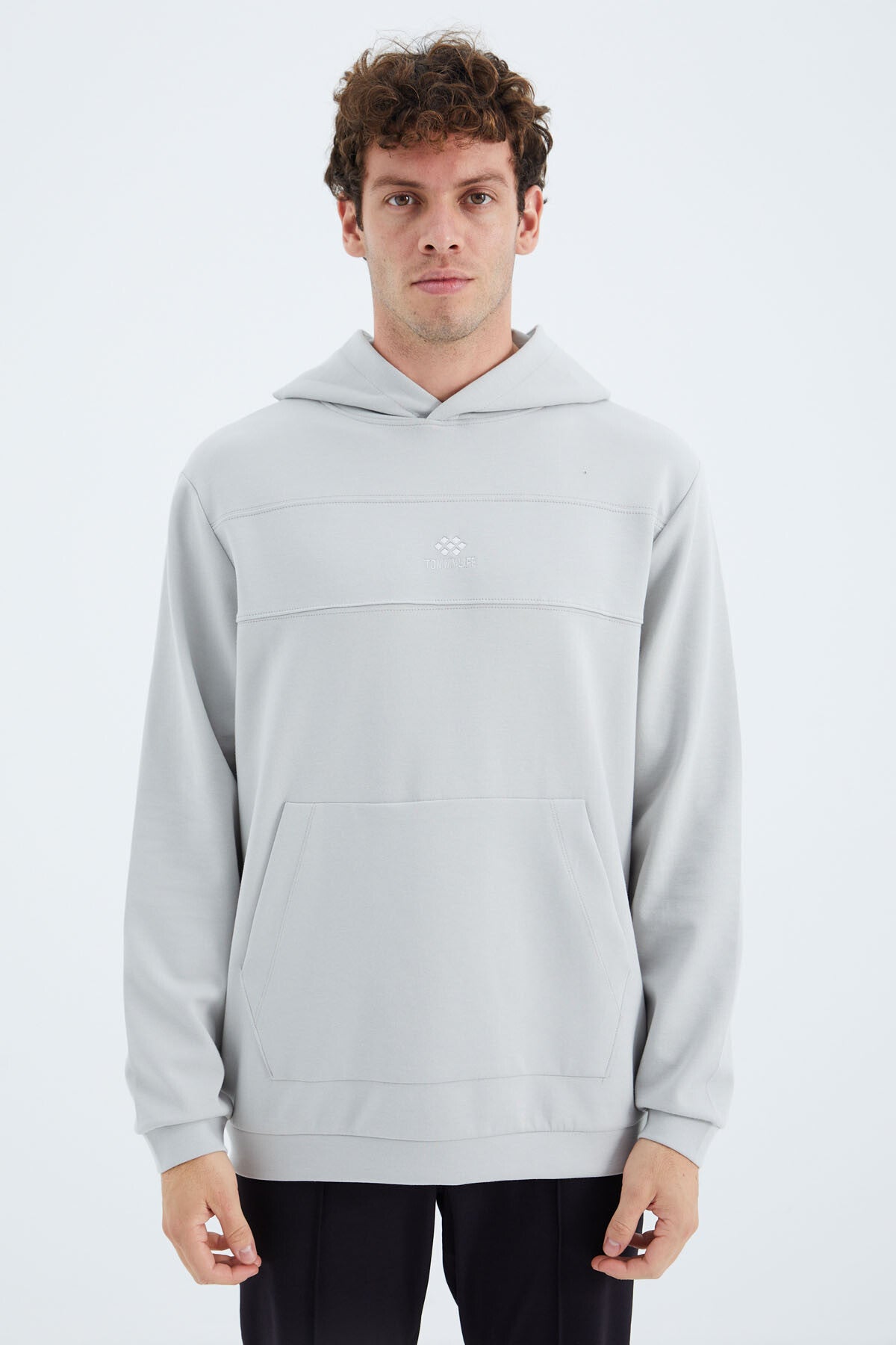 Stone Hooded Front Seam Detailed Relax Fit Men's Sweatshirt - 88277