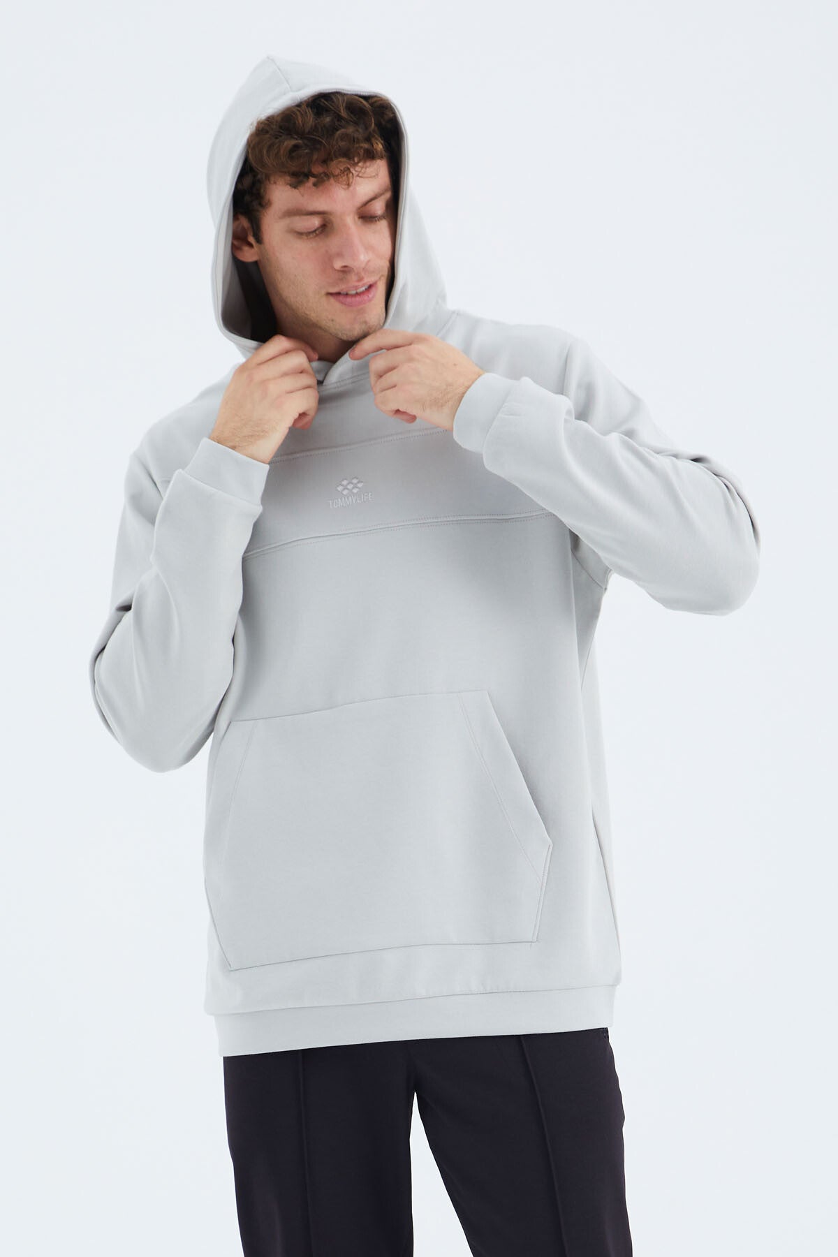 Stone Hooded Front Seam Detailed Relax Fit Men's Sweatshirt - 88277