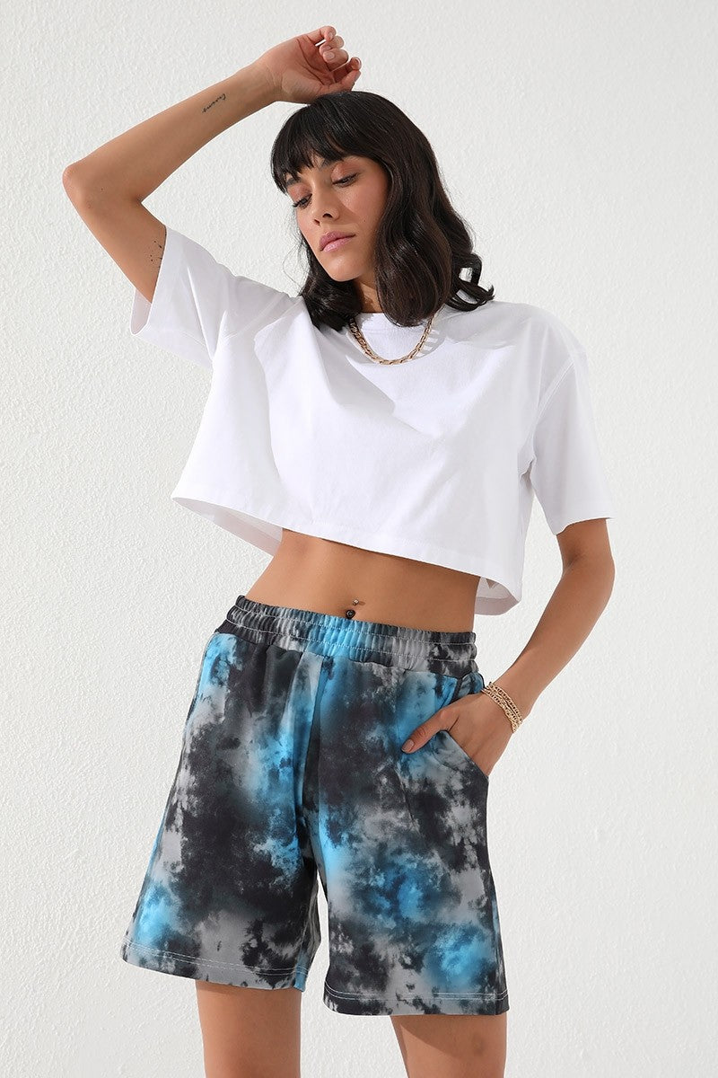 Turquoise Pattern Laced Comfort Fit Bermuda Women's Shorts - 91005