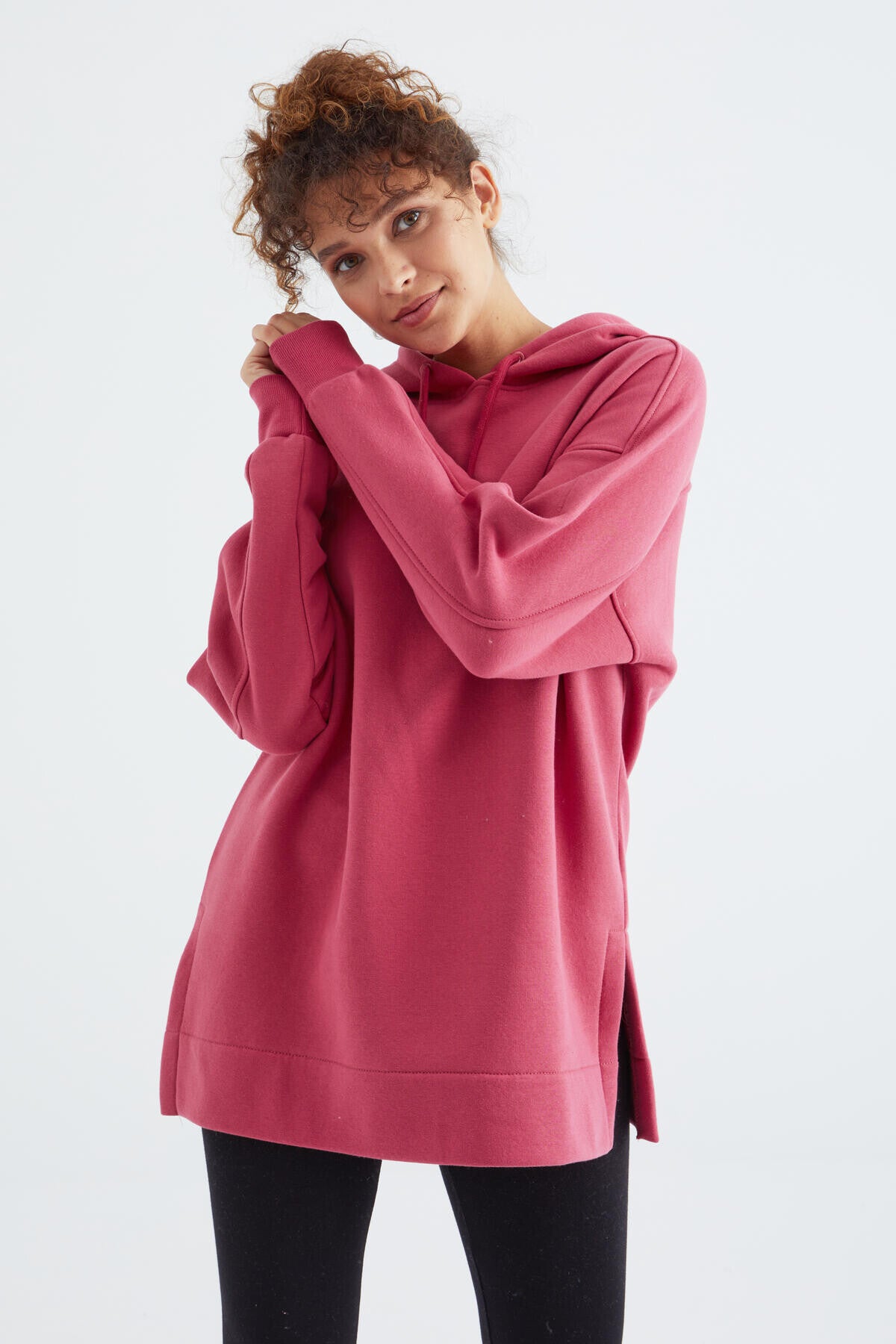 Wild Rose Raglan Sleeve Basic Hooded Oversize Sweatshirt Sweatshirt Tunic - 97242
