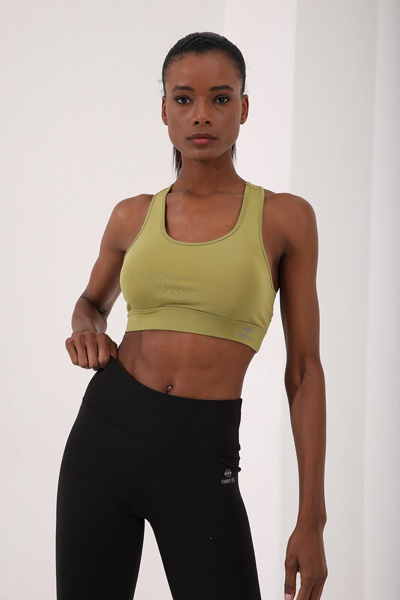 Olive Green Back Detailed Slim Fit U Collar Women's Sports Bustier - 97120