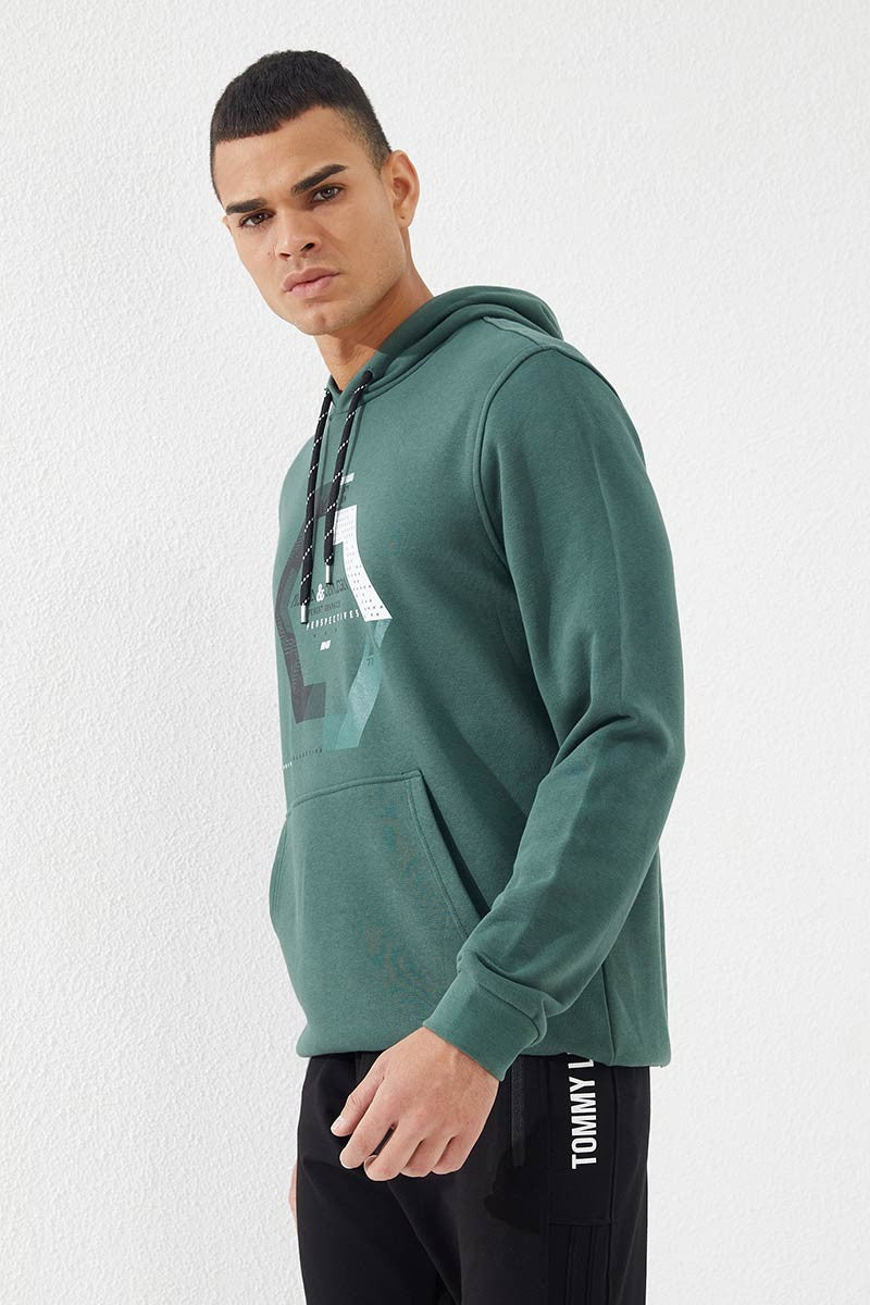 Green Geometric Print Standard Fit Men's Hooded Sweatshirt - 87870