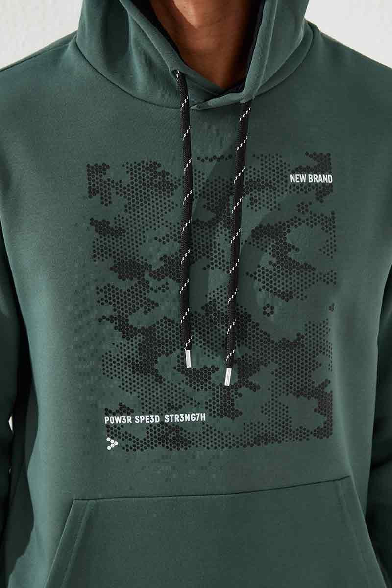 Green Camouflage Pattern Printed Standard Fit Men's Hooded Sweatshirt - 87884