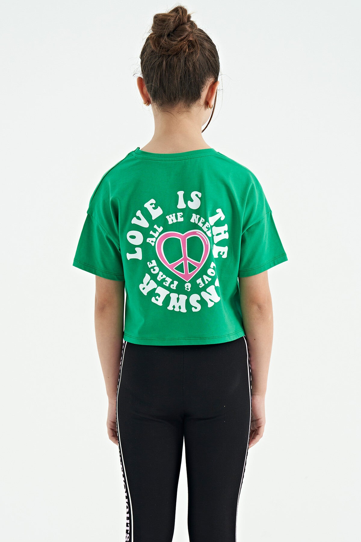 Green Printed Front and Back O Neck Low Shoulder Oversize Short Sleeve Girls' T-Shirt - 75126