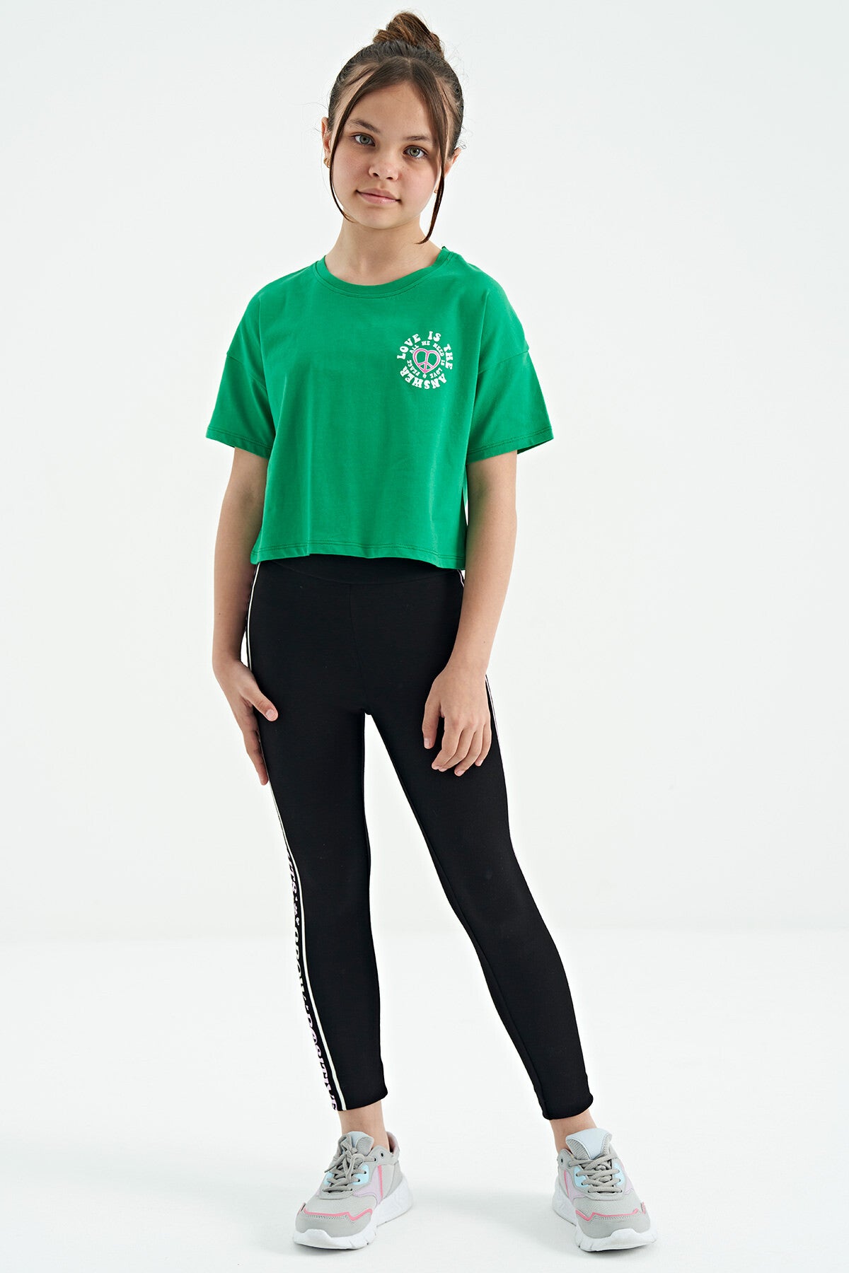 Green Printed Front and Back O Neck Low Shoulder Oversize Short Sleeve Girls' T-Shirt - 75126