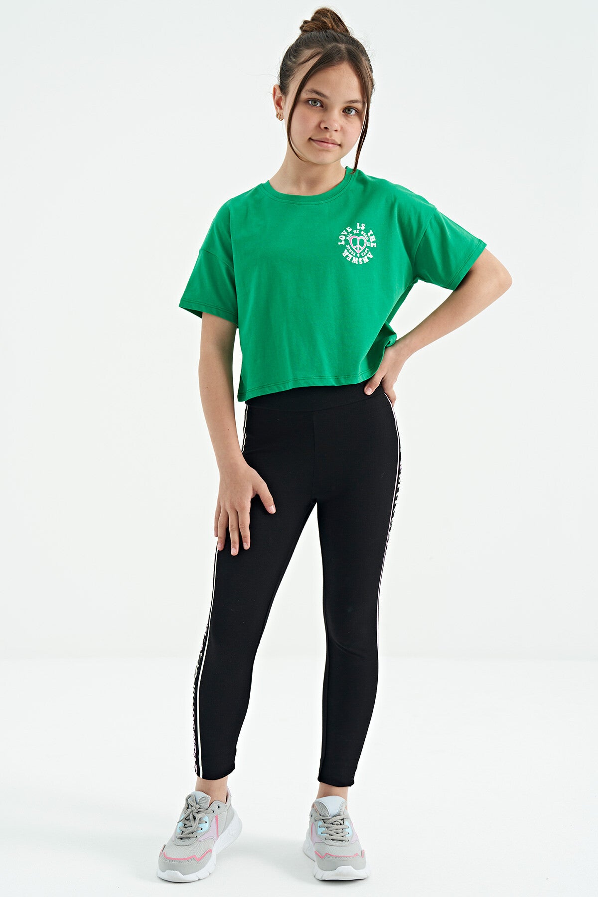 Green Printed Front and Back O Neck Low Shoulder Oversize Short Sleeve Girls' T-Shirt - 75126