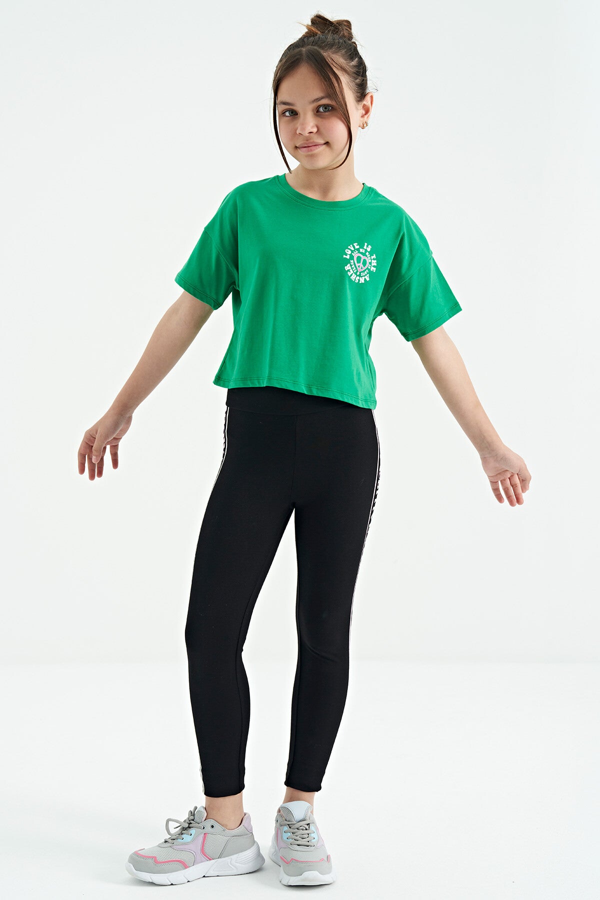 Green Printed Front and Back O Neck Low Shoulder Oversize Short Sleeve Girls' T-Shirt - 75126