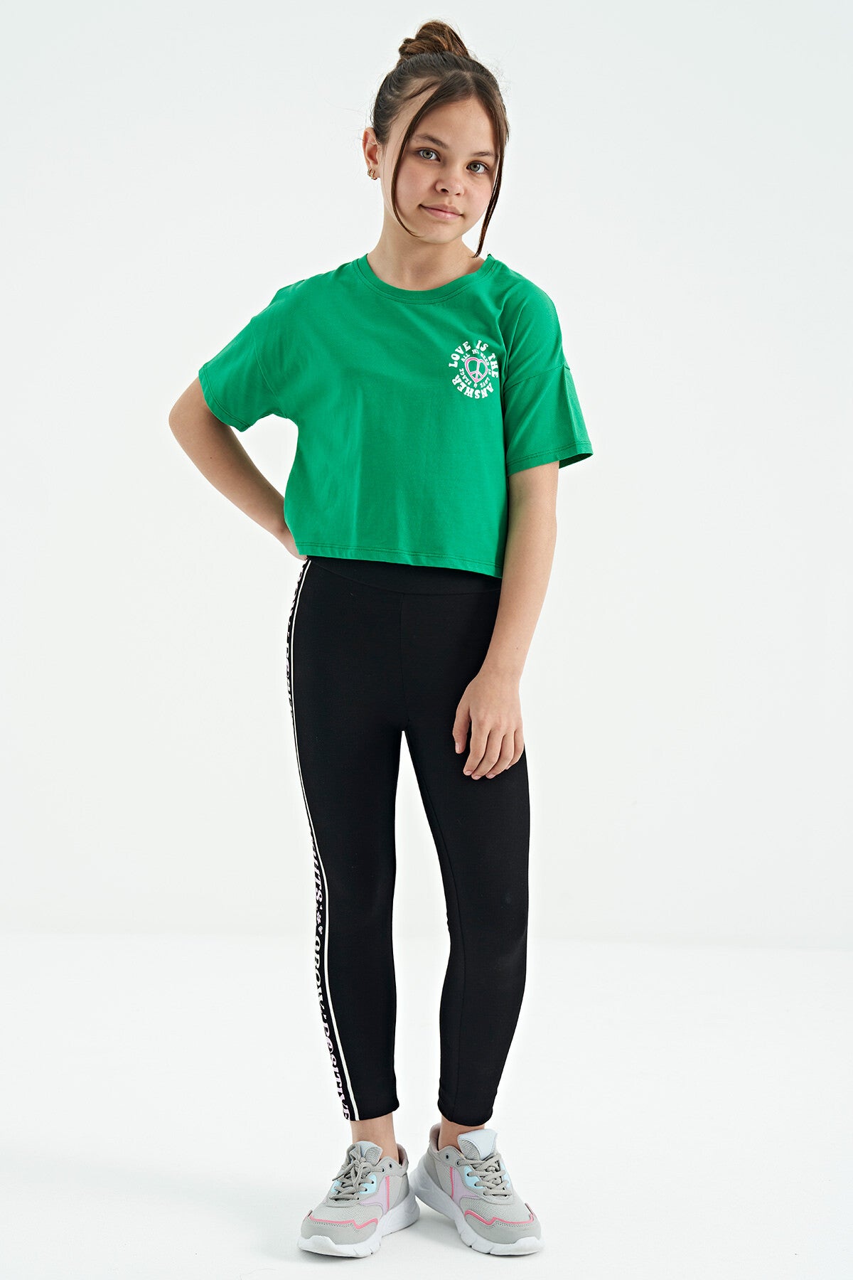 Green Printed Front and Back O Neck Low Shoulder Oversize Short Sleeve Girls' T-Shirt - 75126