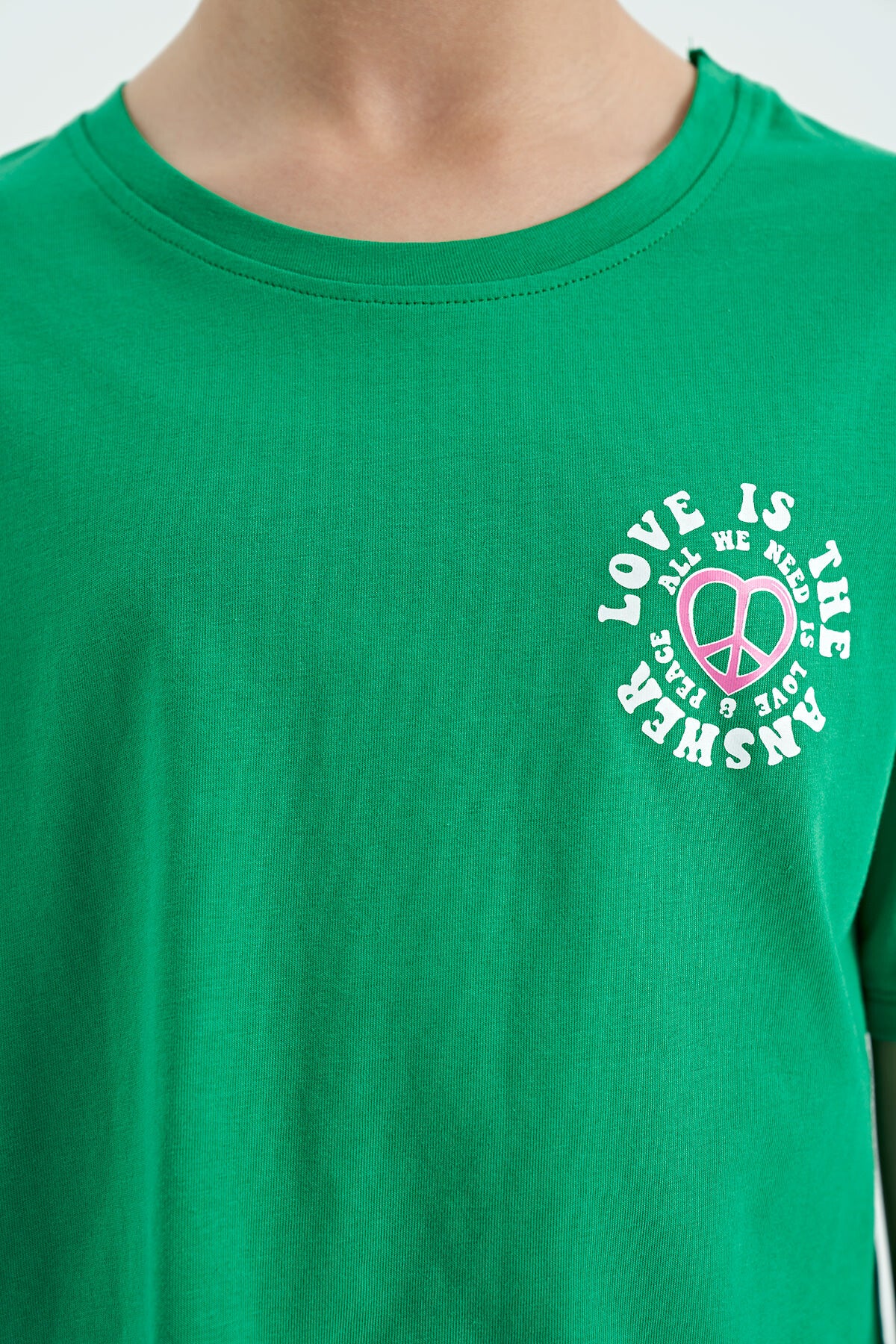 Green Printed Front and Back O Neck Low Shoulder Oversize Short Sleeve Girls' T-Shirt - 75126