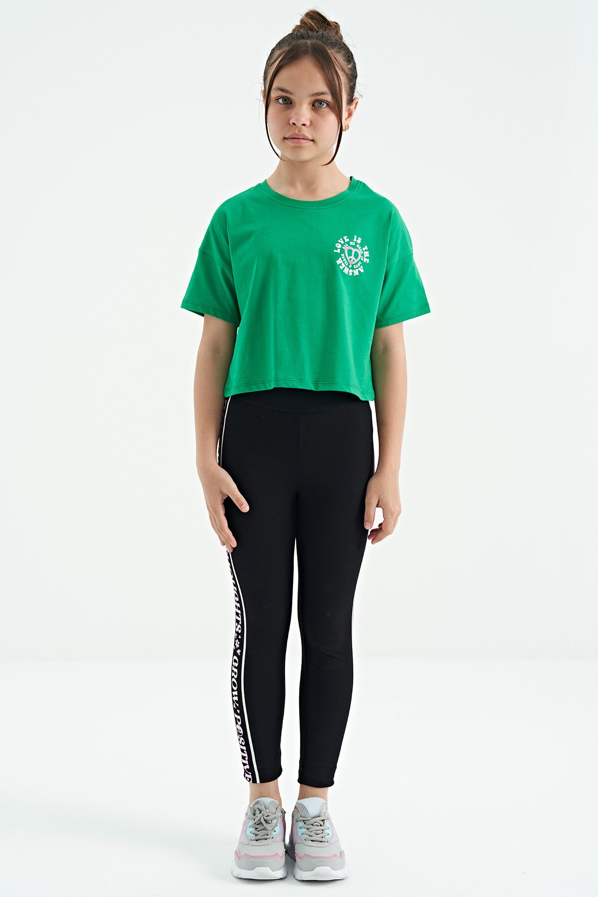 Green Printed Front and Back O Neck Low Shoulder Oversize Short Sleeve Girls' T-Shirt - 75126