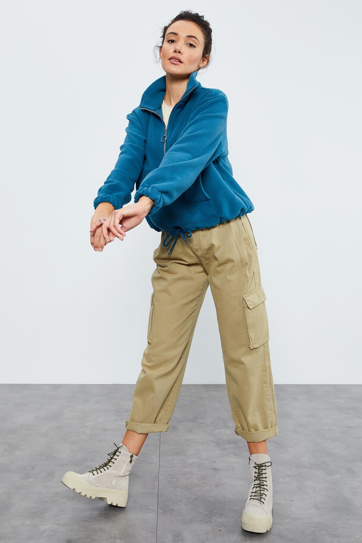 Emerald Half Zipper Skirt with Gathered Hem Women's Polar Oversize Sweatshirt - 97171