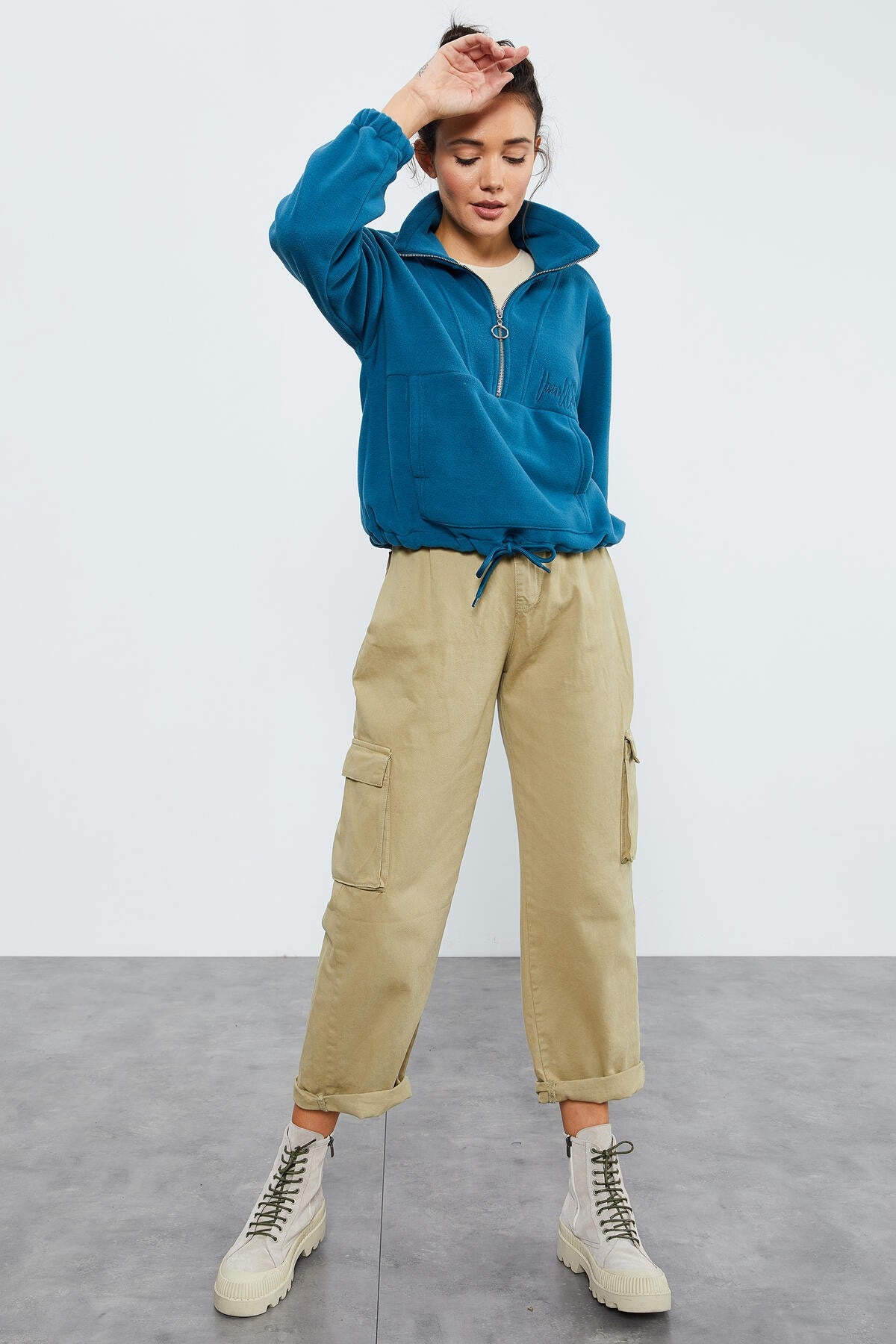 Emerald Half Zipper Skirt with Gathered Hem Women's Polar Oversize Sweatshirt - 97171