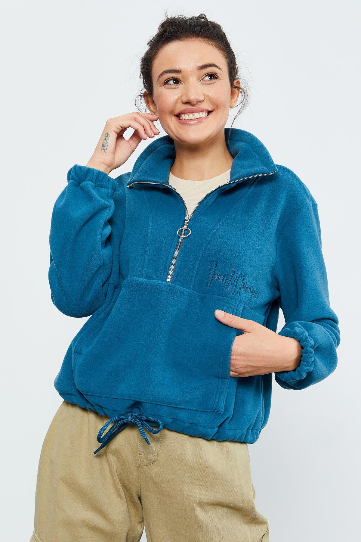 Emerald Half Zipper Skirt with Gathered Hem Women's Polar Oversize Sweatshirt - 97171