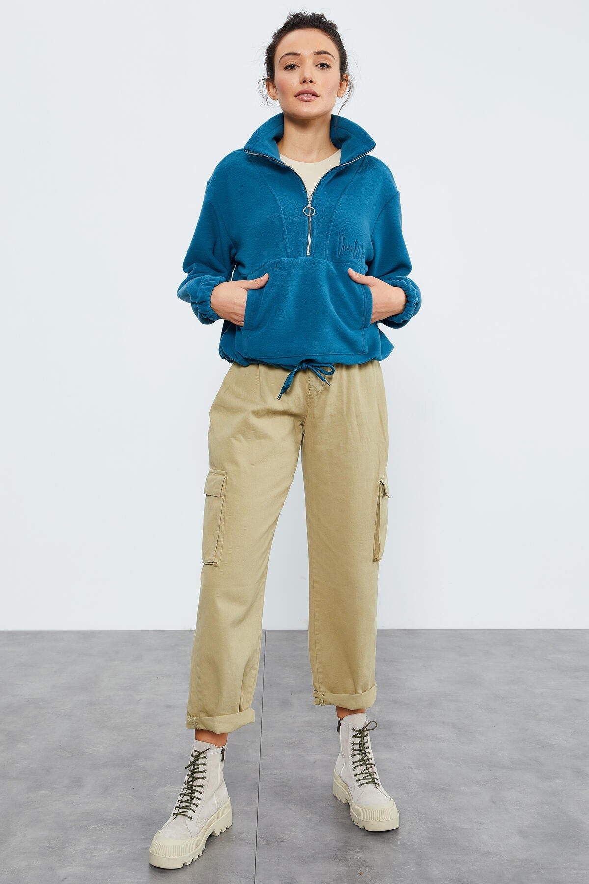 Emerald Half Zipper Skirt with Gathered Hem Women's Polar Oversize Sweatshirt - 97171