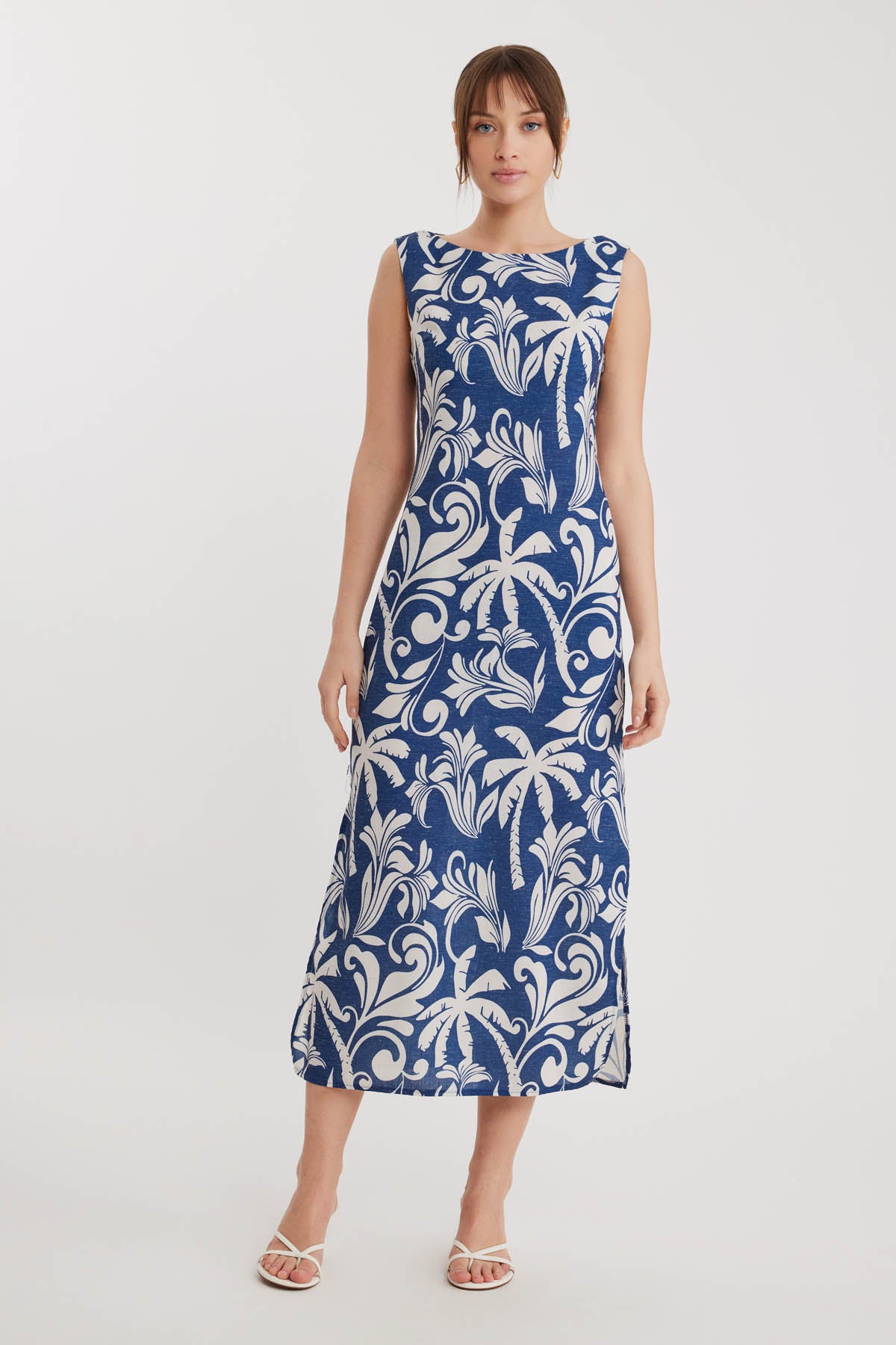 PALM PATTERN LONG DRESS WITH SPLIT