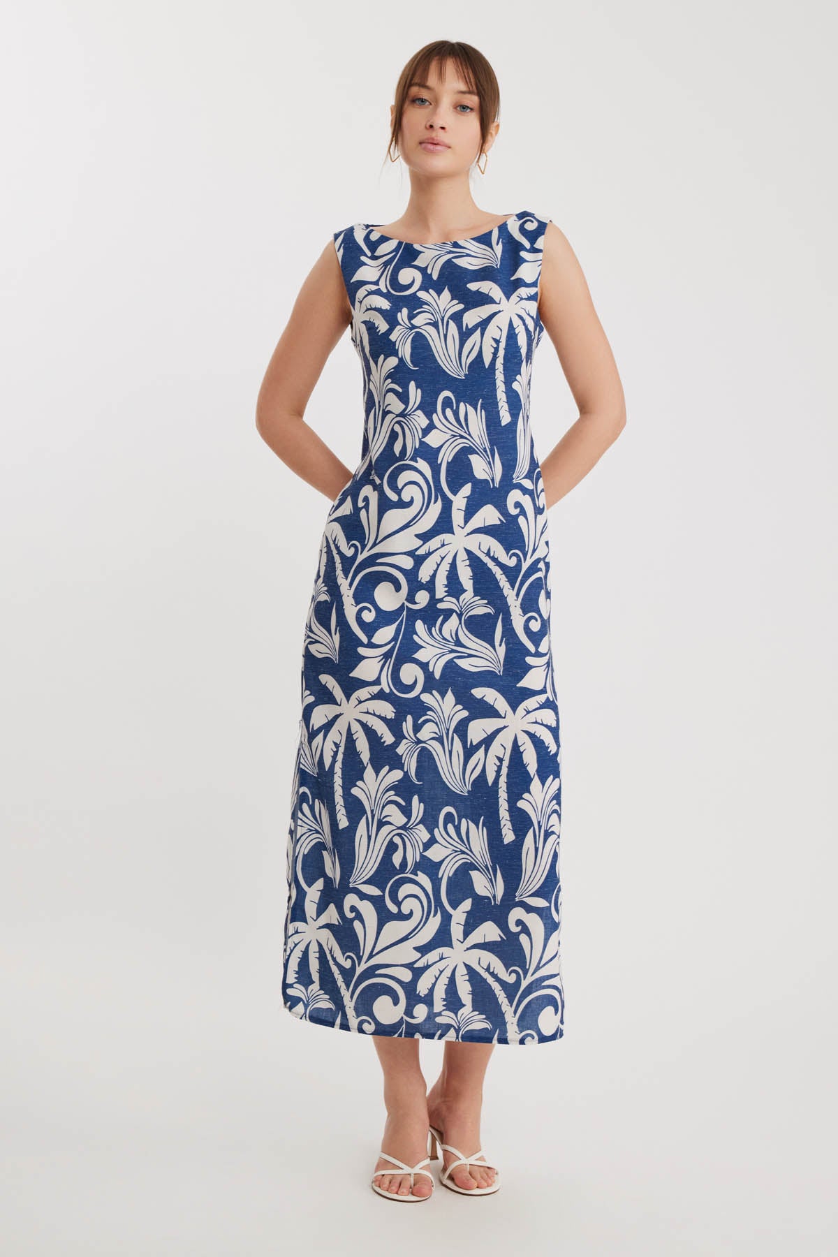 PALM PATTERN LONG DRESS WITH SPLIT