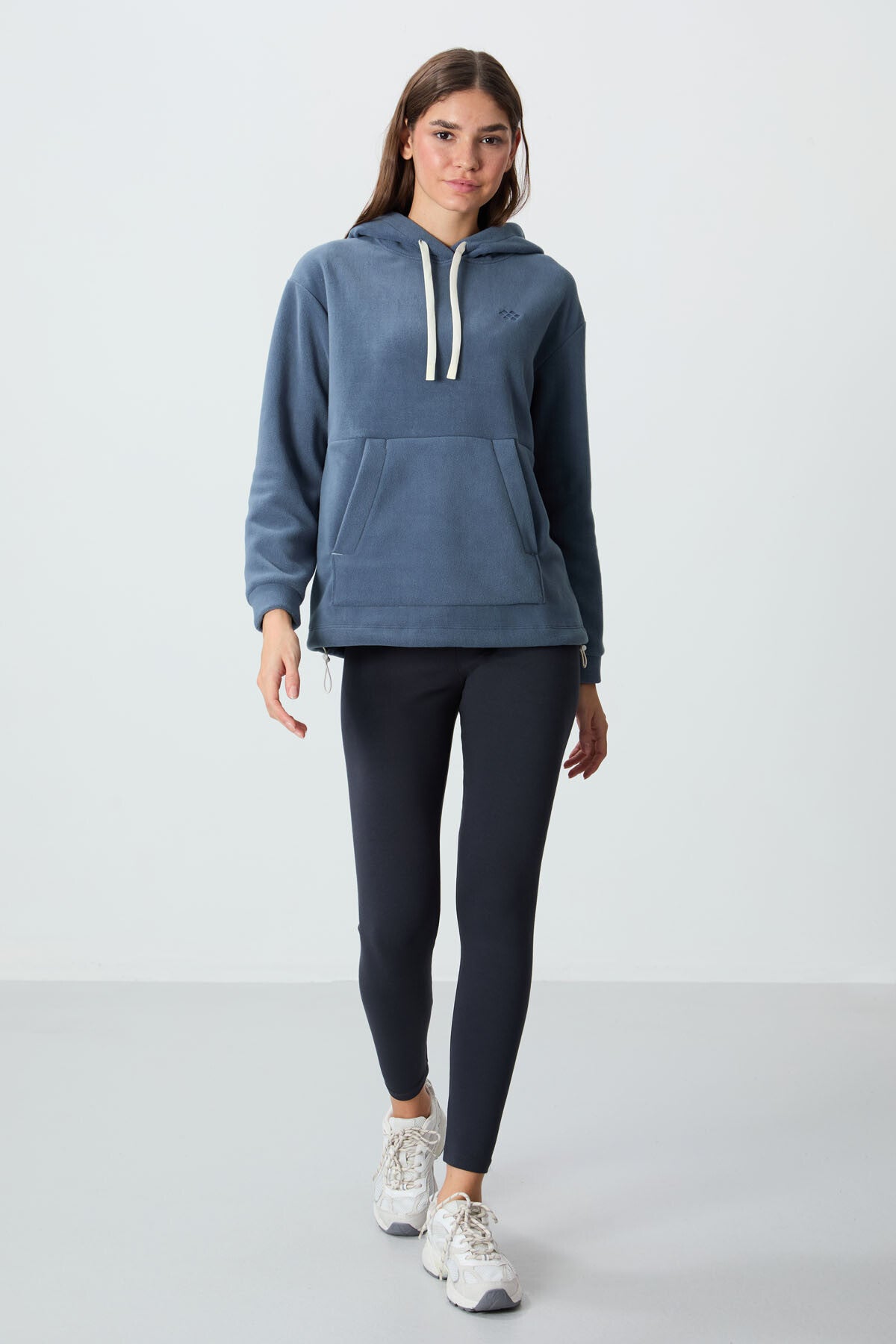 Petrol Thick Soft Textured Hooded Oversize Embroidered Fleece Women's Sweatshirt - 97292