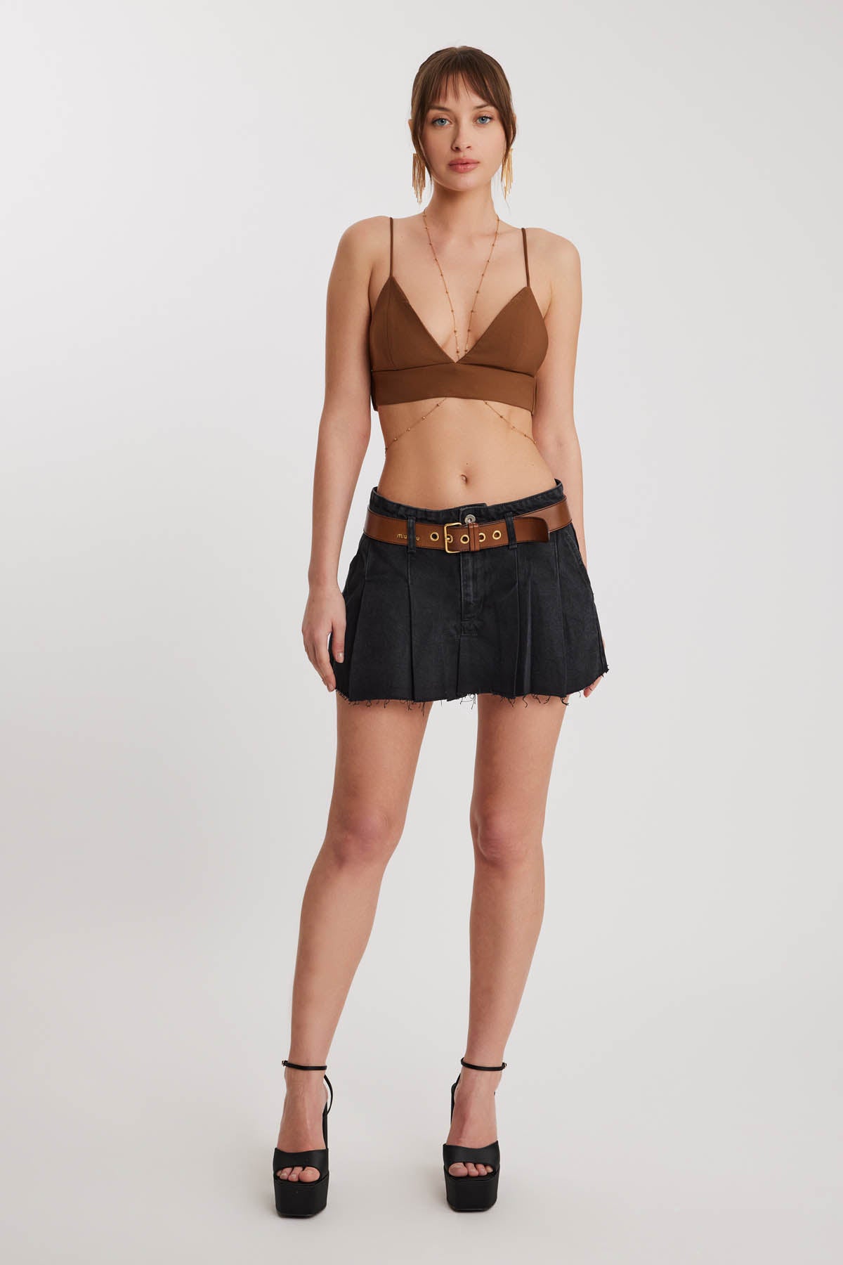 PLEATED DENIM MINI-SKIRT