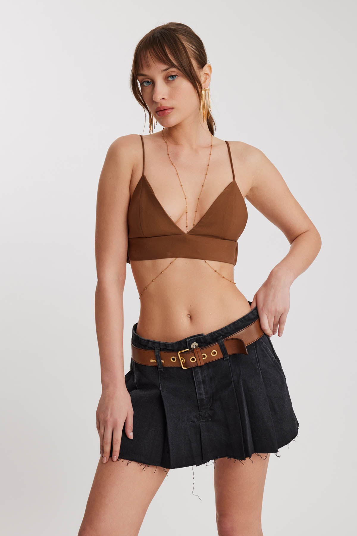 PLEATED DENIM MINI-SKIRT