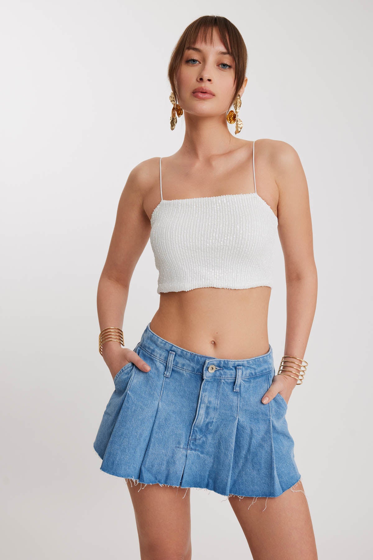 PLEATED DENIM MINI-SKIRT