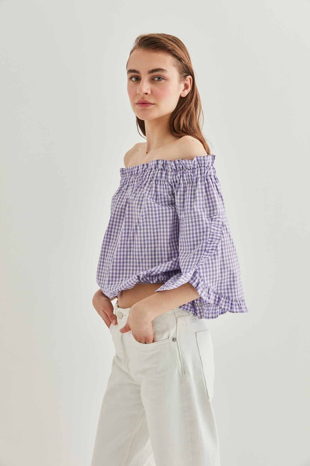 CHECKERED CARMEN COLLAR MINI BLOUSE
