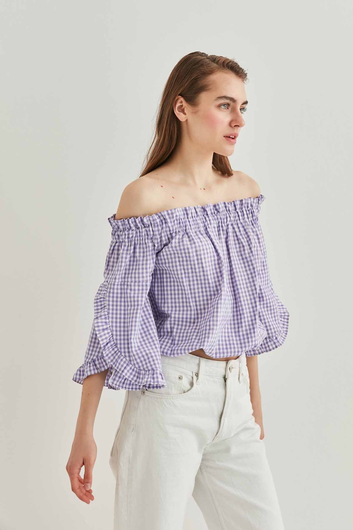 CHECKERED CARMEN COLLAR MINI BLOUSE