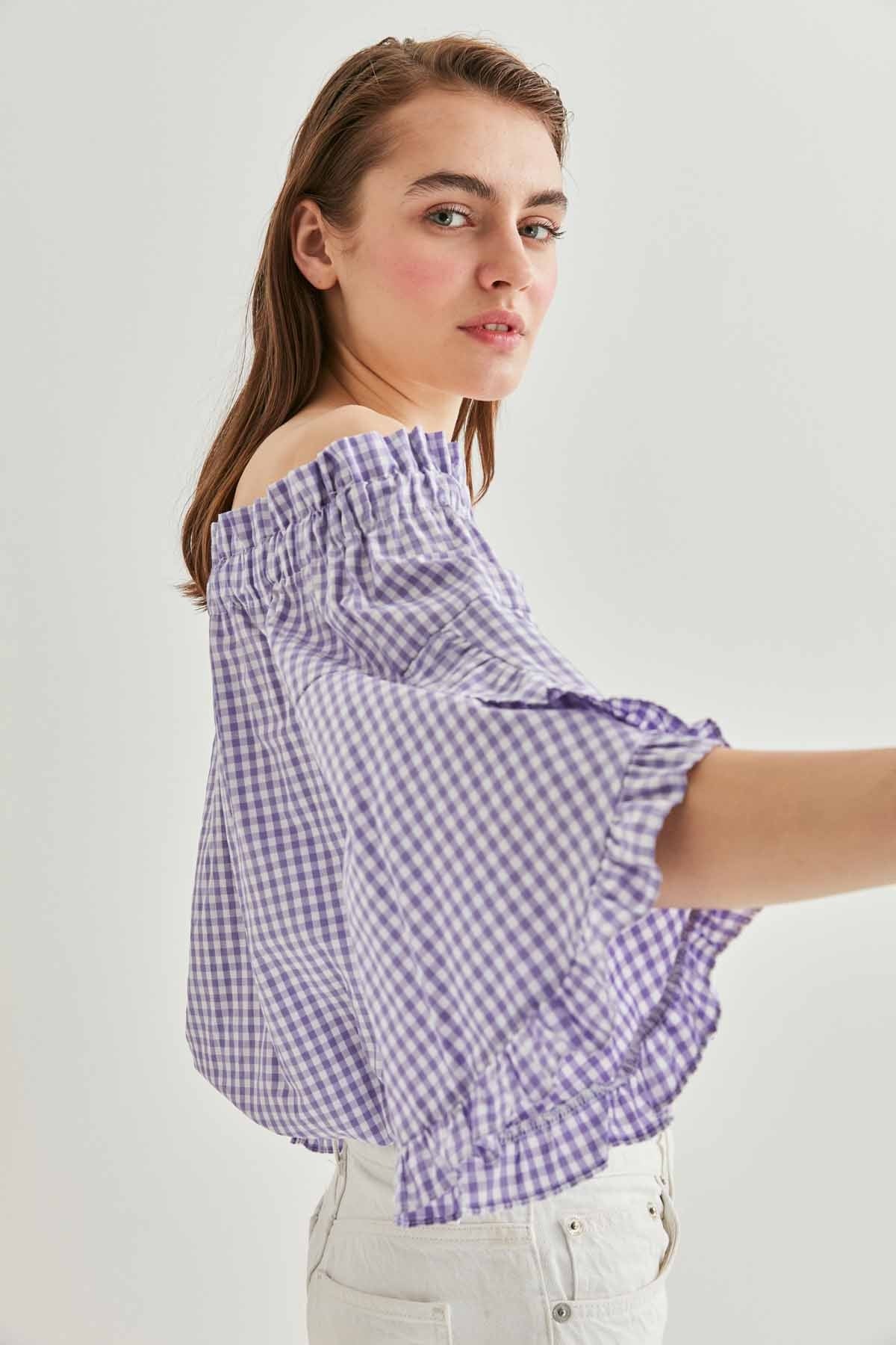 CHECKERED CARMEN COLLAR MINI BLOUSE