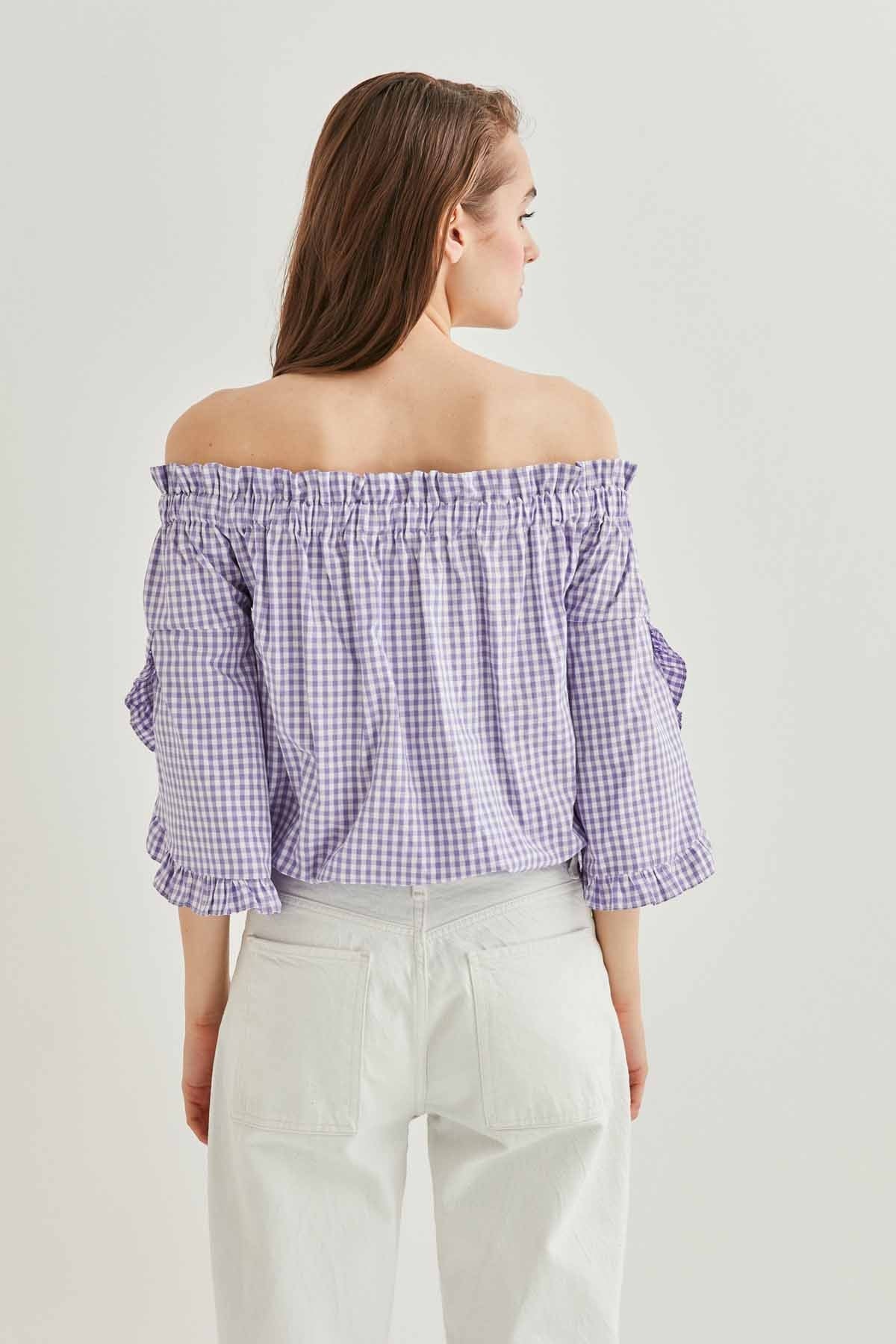 CHECKERED CARMEN COLLAR MINI BLOUSE