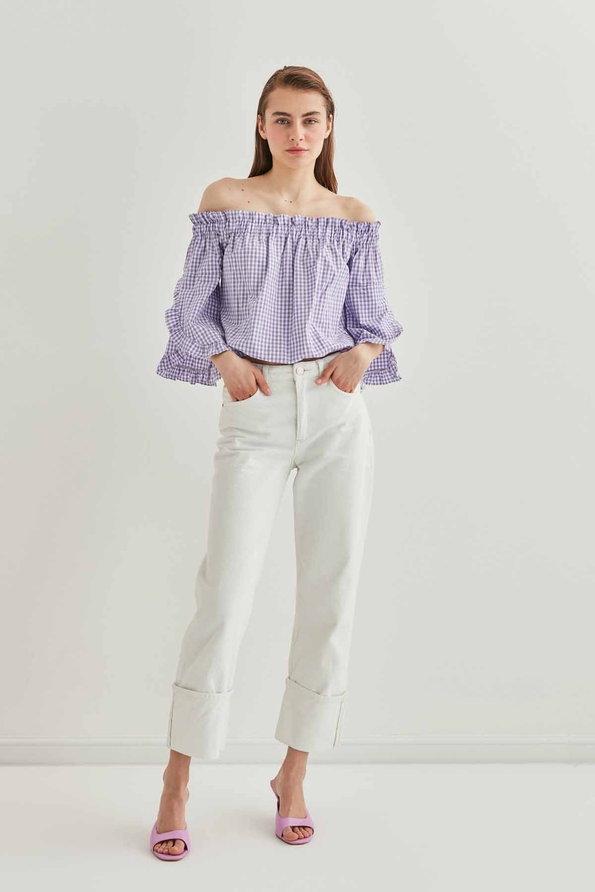 CHECKERED CARMEN COLLAR MINI BLOUSE