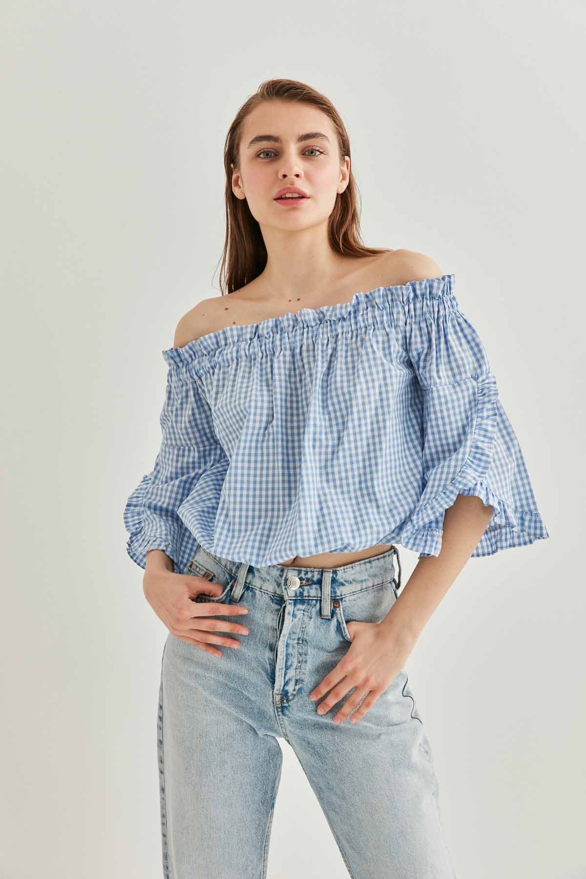 CHECKERED CARMEN COLLAR MINI BLOUSE