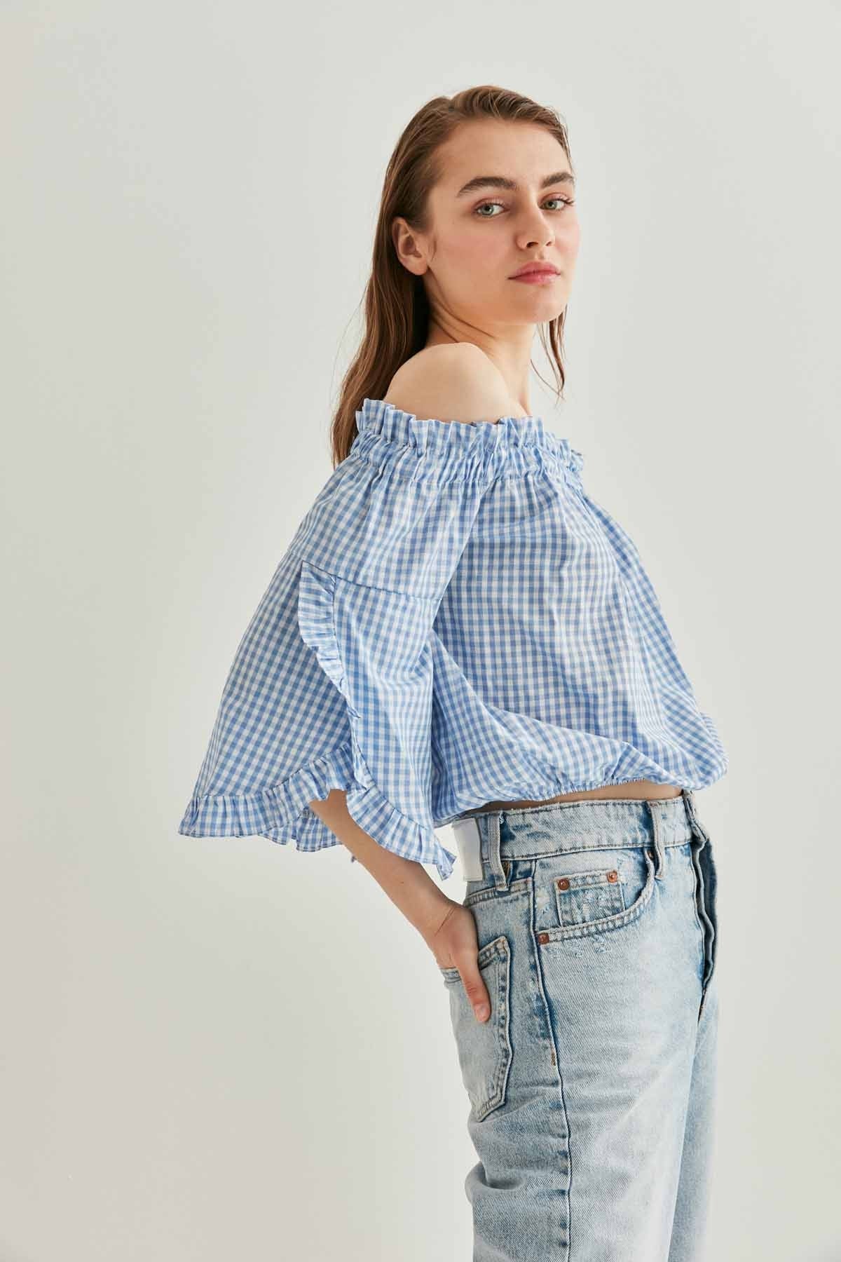 CHECKERED CARMEN COLLAR MINI BLOUSE