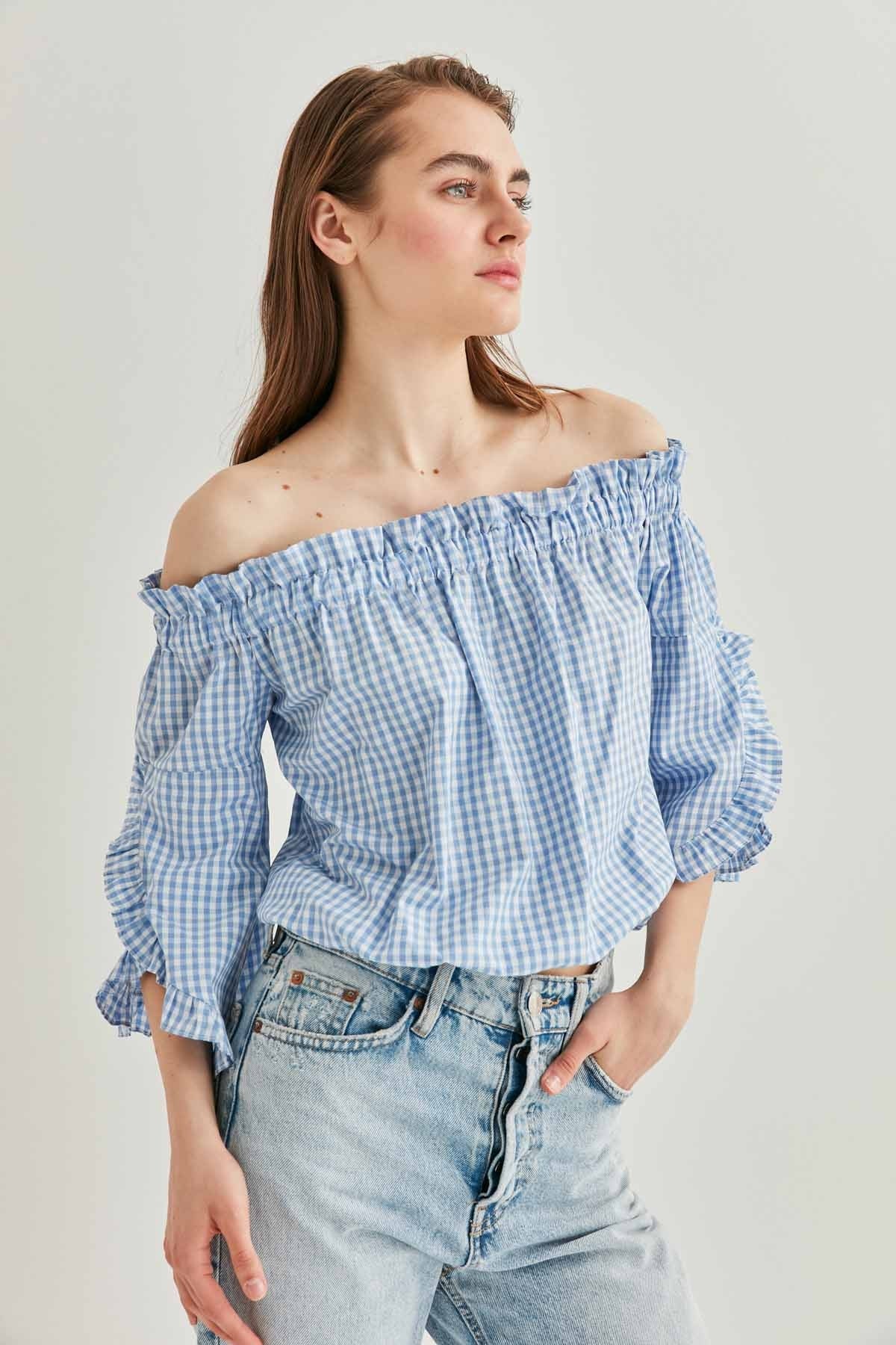 CHECKERED CARMEN COLLAR MINI BLOUSE